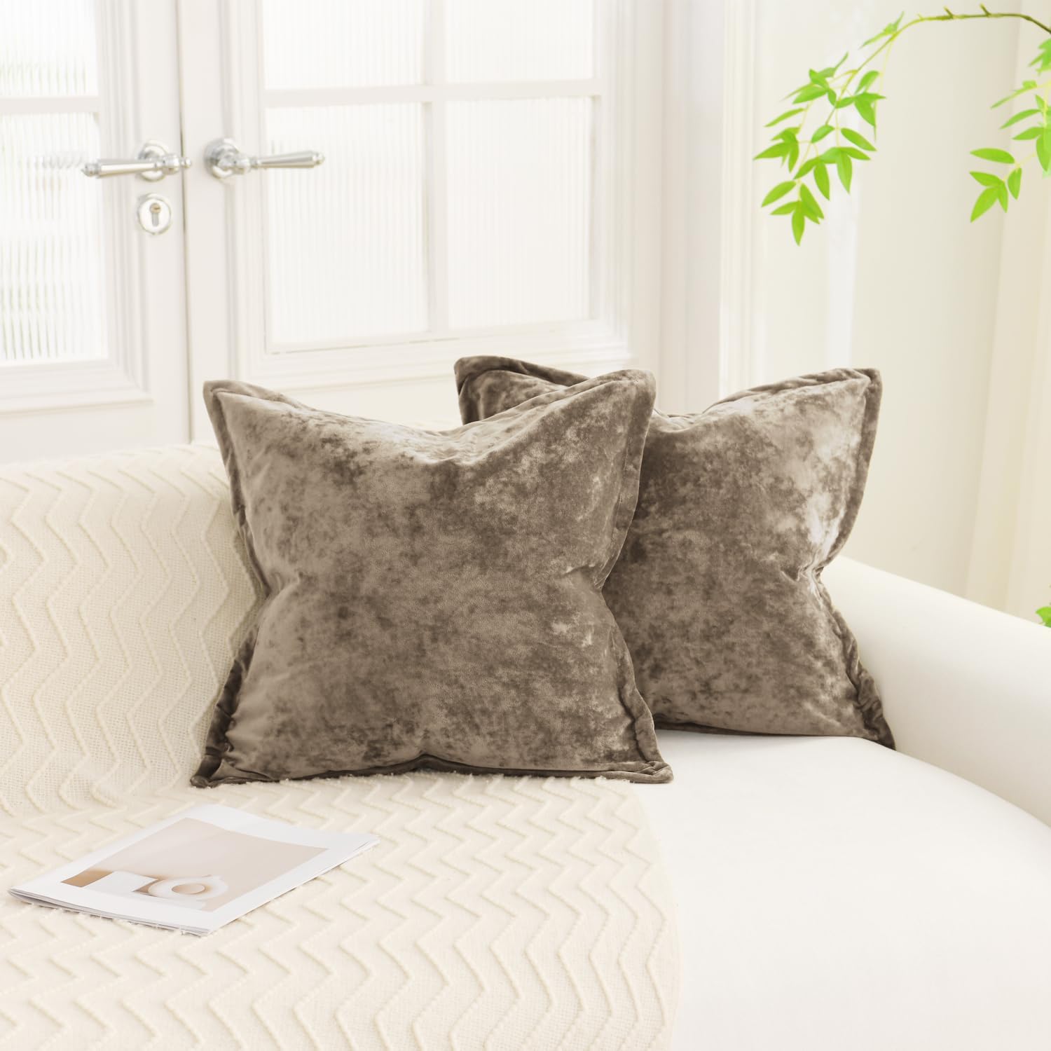 LR Rocaloca Greek Velvet Euro Sham Covers Set of 2 26x26 Luxury Soft Solid Pillow Covers for Living Room Bedroom Yard,Army Green