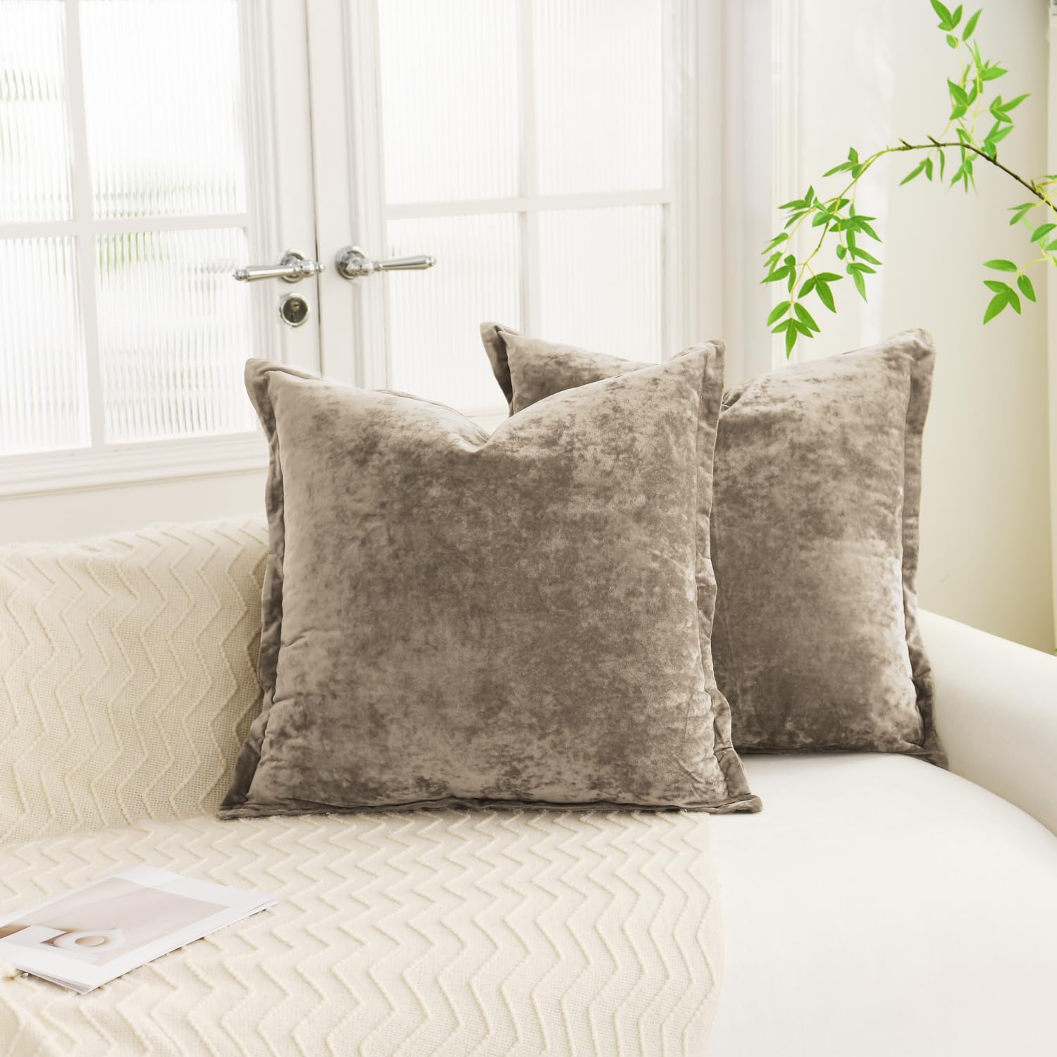 LR Rocaloca Greek Velvet Euro Sham Covers Set of 2 26x26 Luxury Soft Solid Pillow Covers for Living Room Bedroom Yard,Army Green