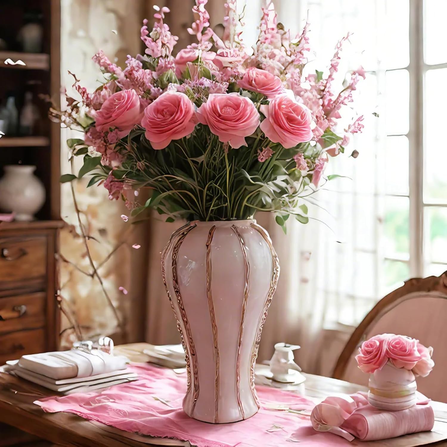 White and Gold Vases for Centerpieces,White Gold Ginger Jars for Home Decor,Large Gold Vases for Kitchen Counter,Vintage Vase with Lid,Birthday Anniversary (18 in)