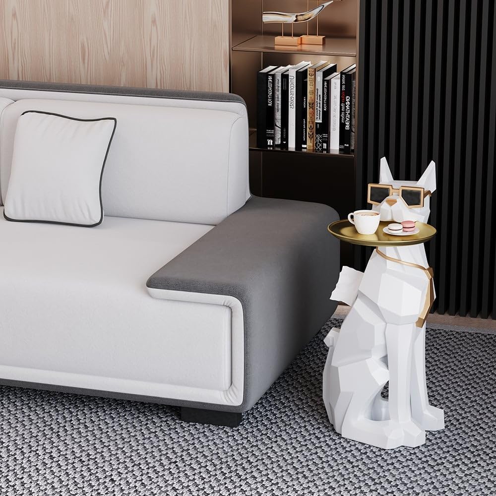 homary Modern Resin Dog Sculpture Geometric Standing Statue Cute End Side Table with Metal Storage Tray Tissue Box (White)