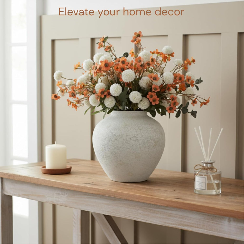 White Rustic Large Round Vase for Table Centerpieces 11 inches, Arina Vase, Earthy Stone Look, Textured, Modern Homes Farmhouse Centerpiece Decor
