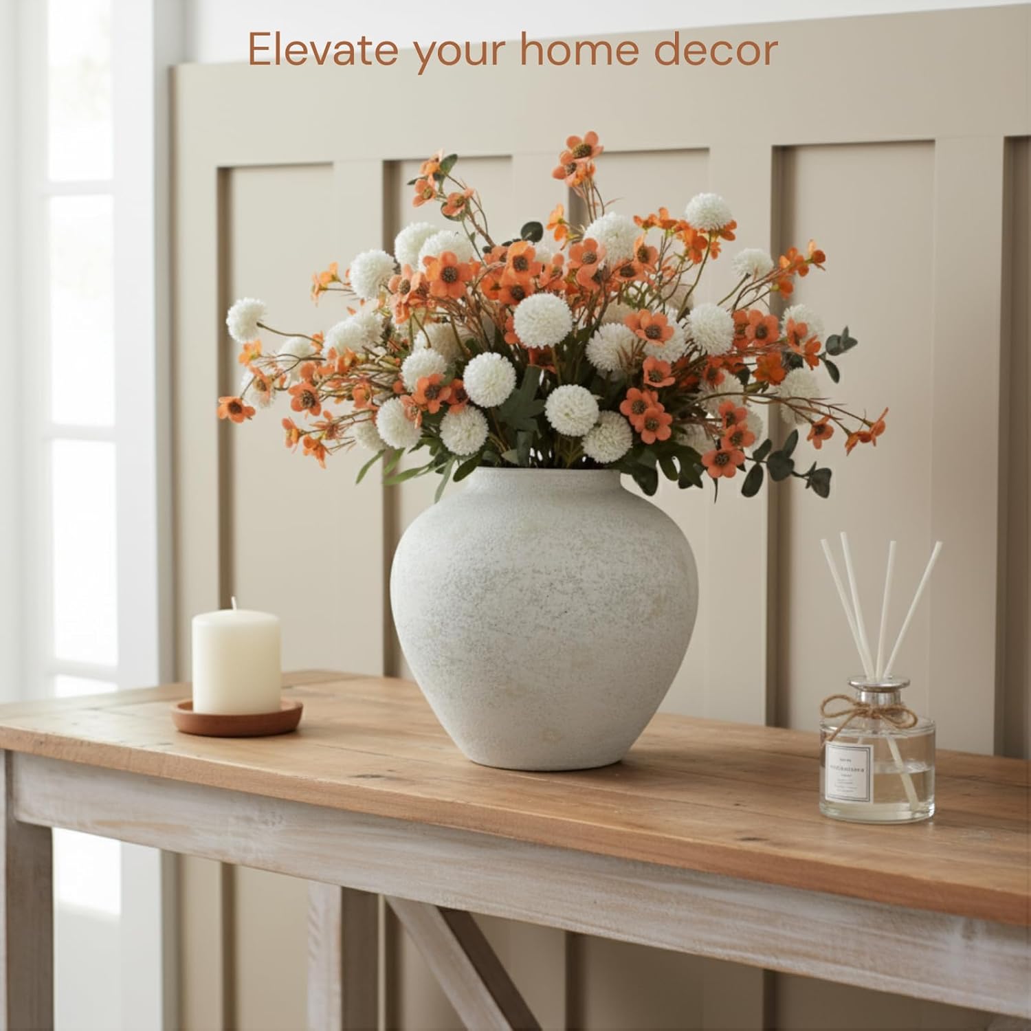 White Rustic Large Round Vase for Table Centerpieces 11 inches, Arina Vase, Earthy Stone Look, Textured, Modern Homes Farmhouse Centerpiece Decor