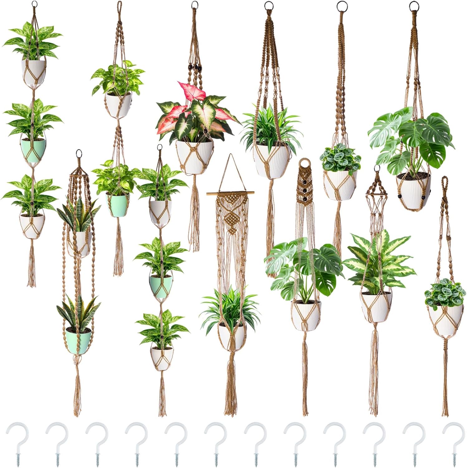SATINIOR 12 Pcs Macrame Plant Hangers Handmade Boho Hanging Planters 12 Different Tiered Designs with 12 Hooks for Flower Pots Indoor Outdoor Decorative Wall Hanging Baskets for Home(Delicate Style)