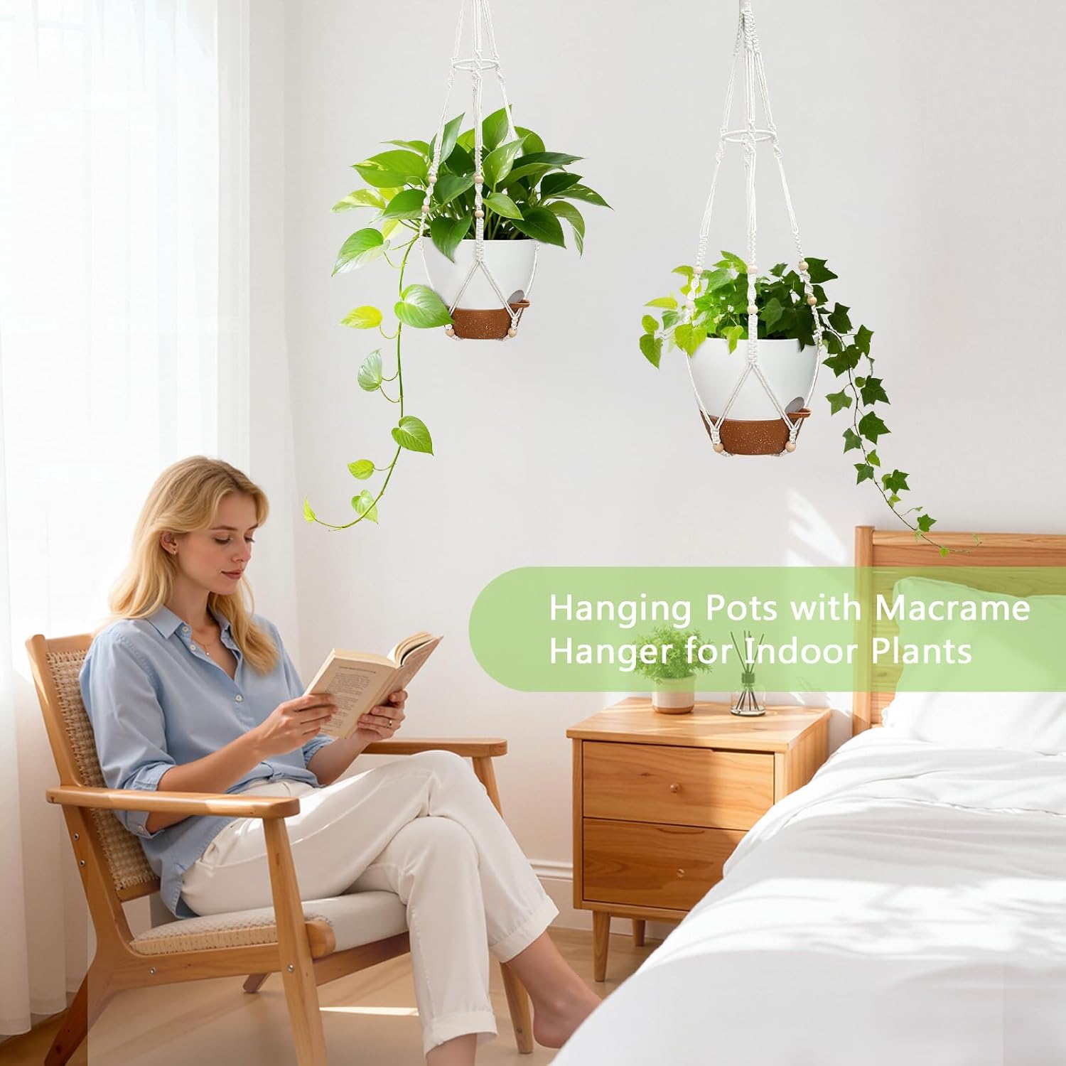 MSFON Hanging Planters for Indoor Plants: 2 Pack Macrame Plant Hangers with Grow Lights and Self-Watering Pots, 10 Inch Large Hanging Pots with Drainage Holes & Removable Tray