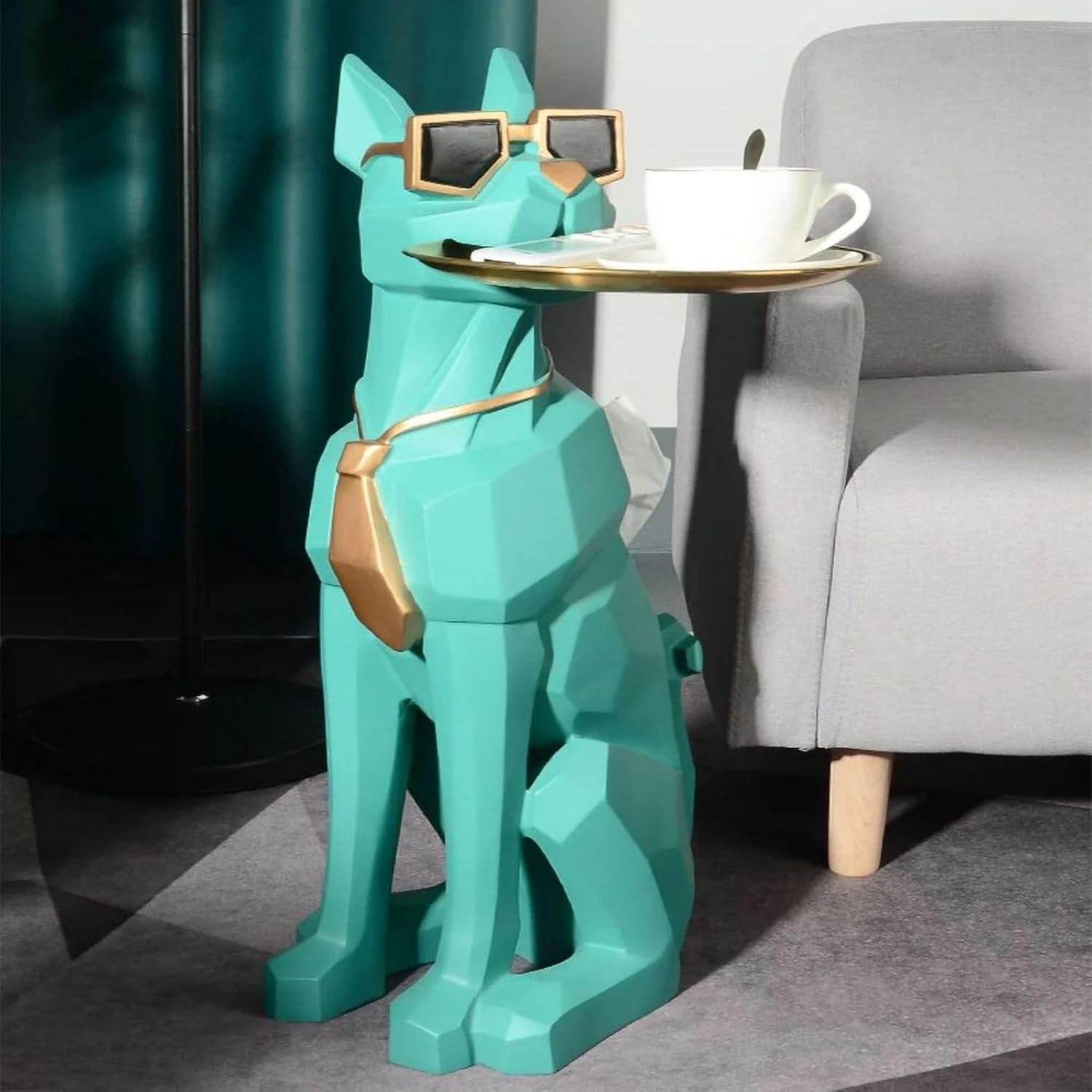 homary Modern Resin Dog Sculpture Geometric Standing Statue Cute End Side Table with Metal Storage Tray Tissue Box (White)