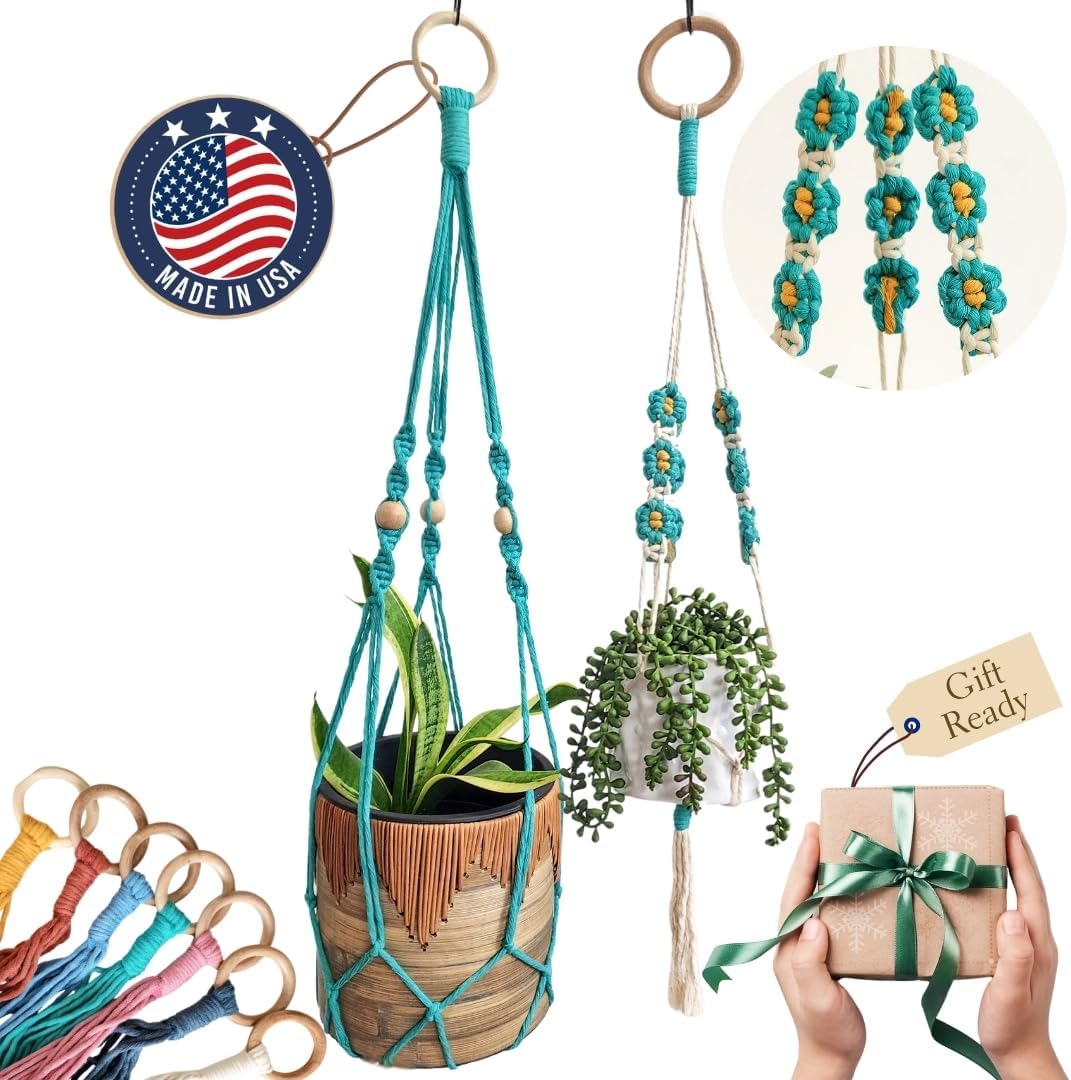 Set of 2 Macrame plant hanger with Daisies & Beads | Hanging plant holder Macrame Plant hangers outdoor and indoor hanging planters Plant stand indoor Boho Decor hanging planter stand (Cloudy Day)