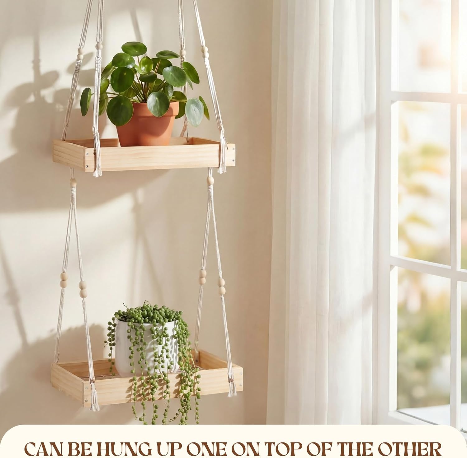 Novabright 2 Pcs Plant Hanger Indoor, 16" Wooden Macrame Hanging Plant Shelf Holder with Metal Frame, Large Hanging Planter for Indoor Load 50lb with Adjustable Rope, Suit for Pots Window Ceiling