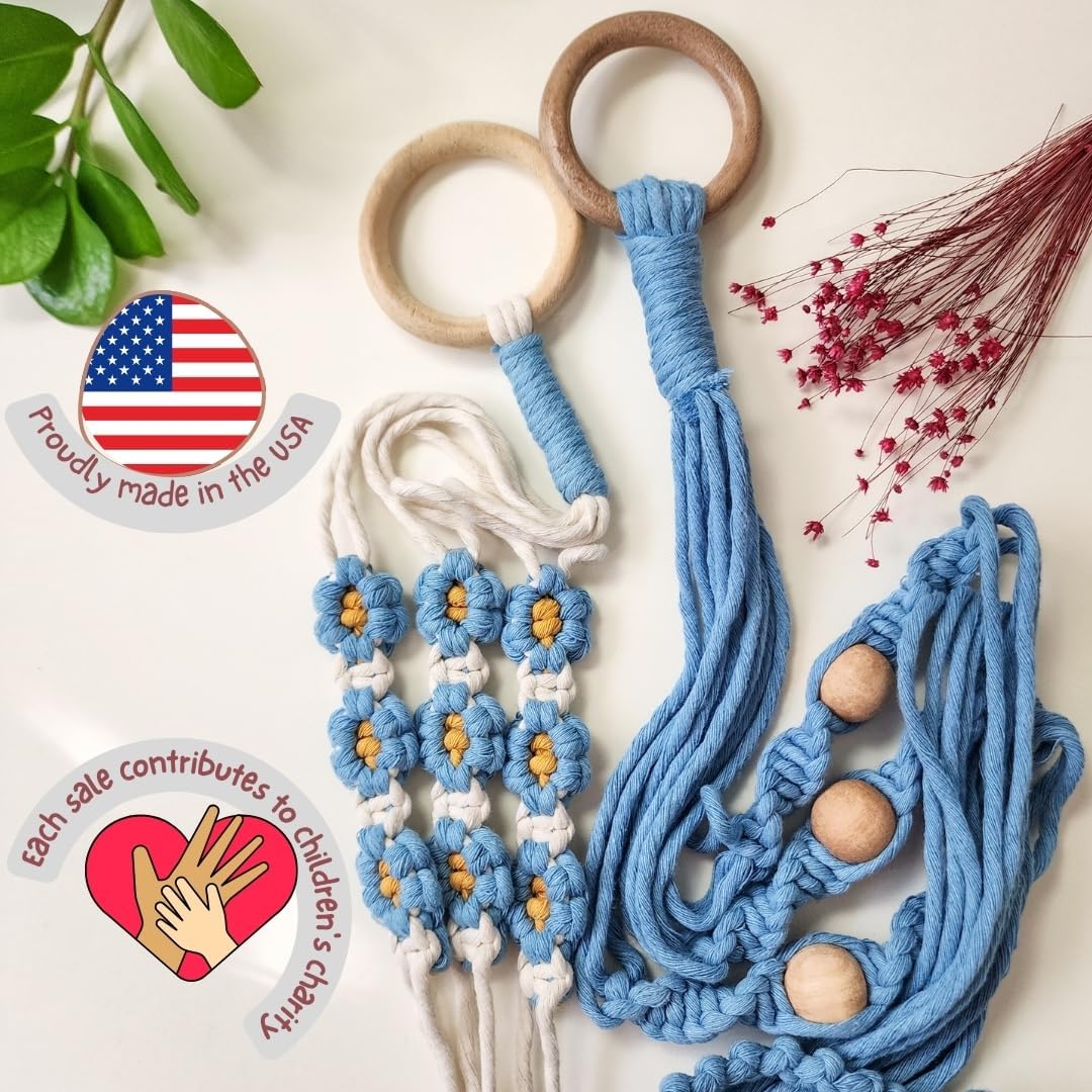 Set of 2 Macrame plant hanger with Daisies & Beads | Hanging plant holder Macrame Plant hangers outdoor and indoor hanging planters Plant stand indoor Boho Decor hanging planter stand (Cloudy Day)