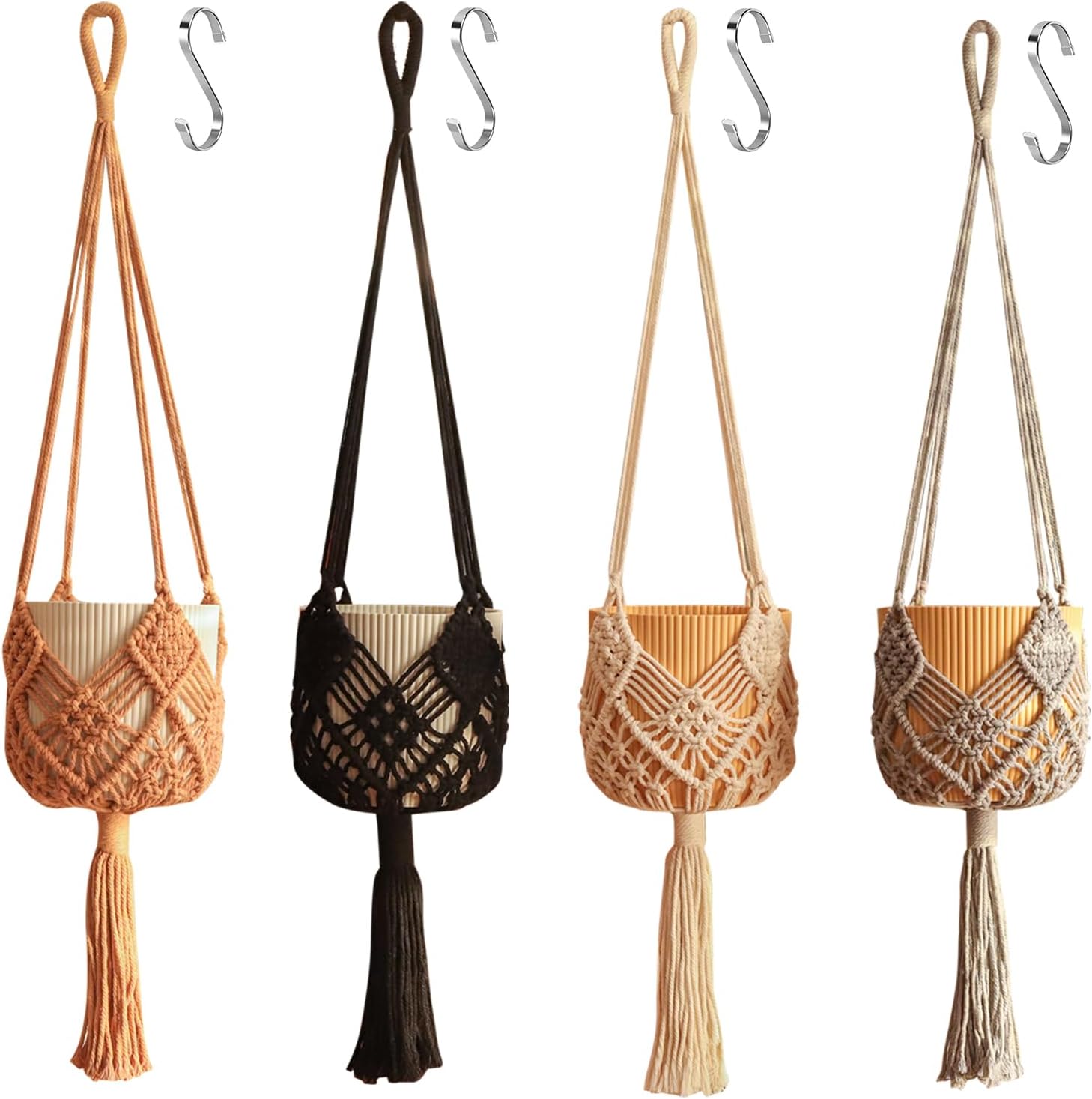 Hanging Planter with Patterns,4Packs Macrame Plant Hangers Indoor Macrame for up to 8 inch Pot Crochet Boho Plant Hanger Holder for Indoor Outdoor with 4S Shaped Stainless Steel Hooks (4colors)