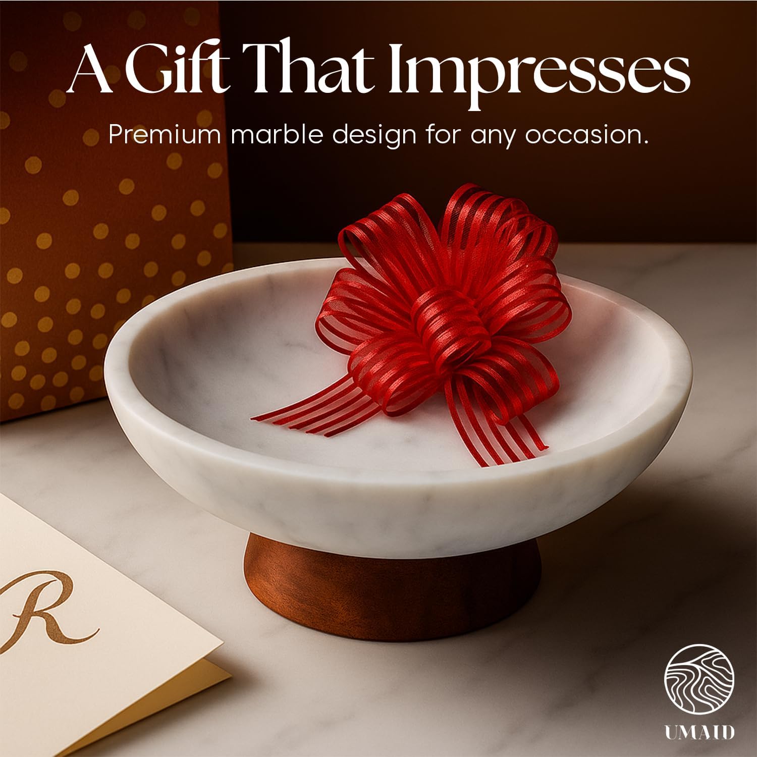 UMAID White Marble Decorative Bowl with Wood Pedestal, 10" Handcrafted Natural Stone Centerpiece with Unique Veining, Luxury Kitchen Fruit Bowl & Entryway Catch-All, for Potpourri & Coffee Table Decor