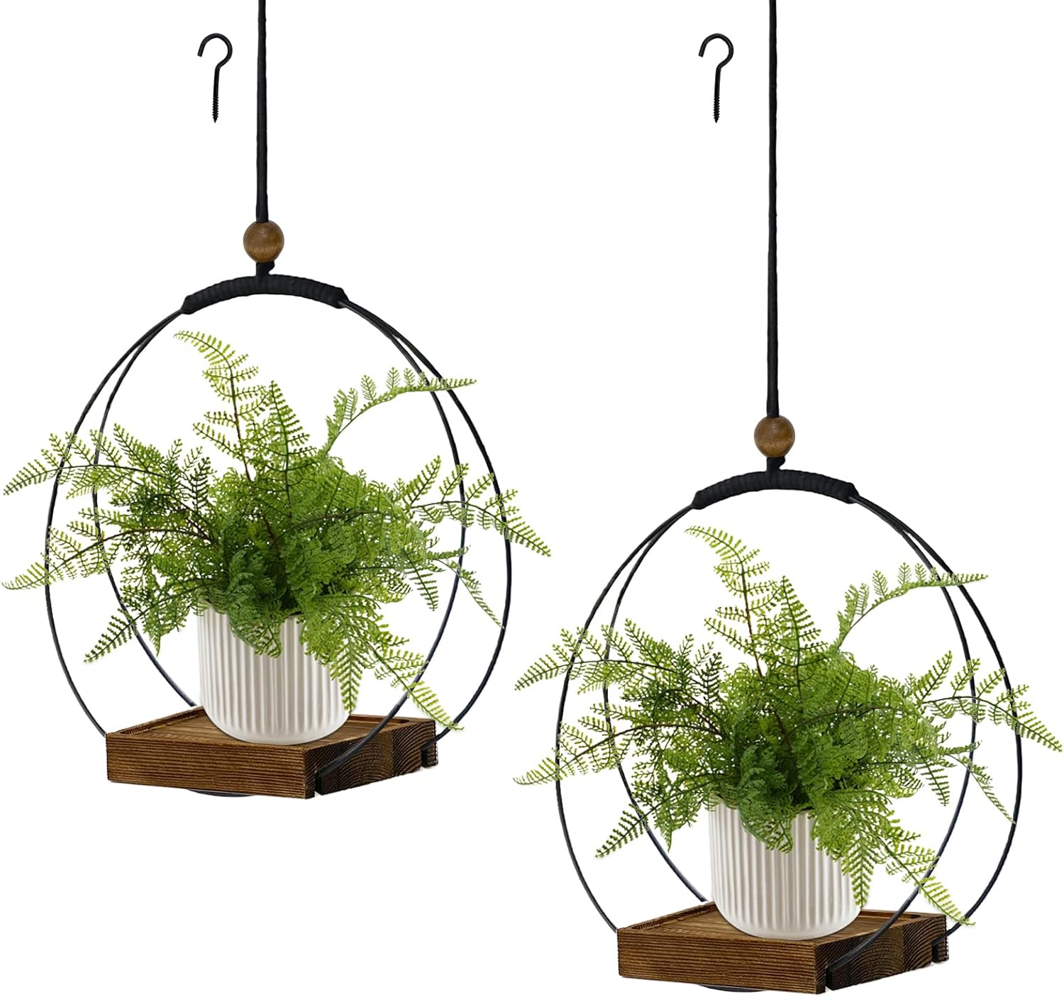 hismocal Hanging Planter for Indoor Plants,Plant Hanger with Sturdy Wood Base & Pot, Modern Boho Macrame Plant Hanger,Wall Ceiling Window Stands(2 Pack+Pots)