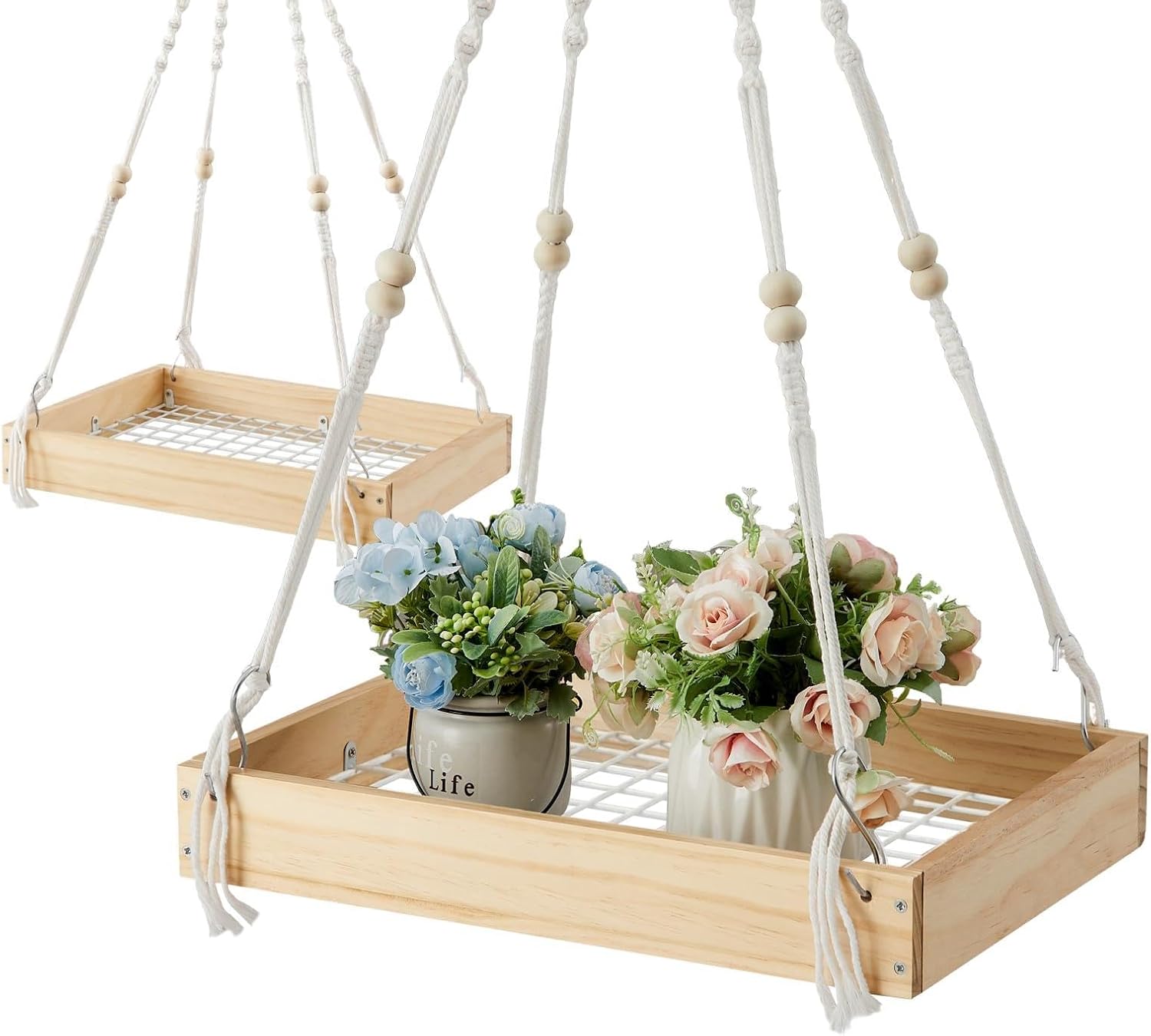 Novabright 2 Pcs Plant Hanger Indoor, 16" Wooden Macrame Hanging Plant Shelf Holder with Metal Frame, Large Hanging Planter for Indoor Load 50lb with Adjustable Rope, Suit for Pots Window Ceiling