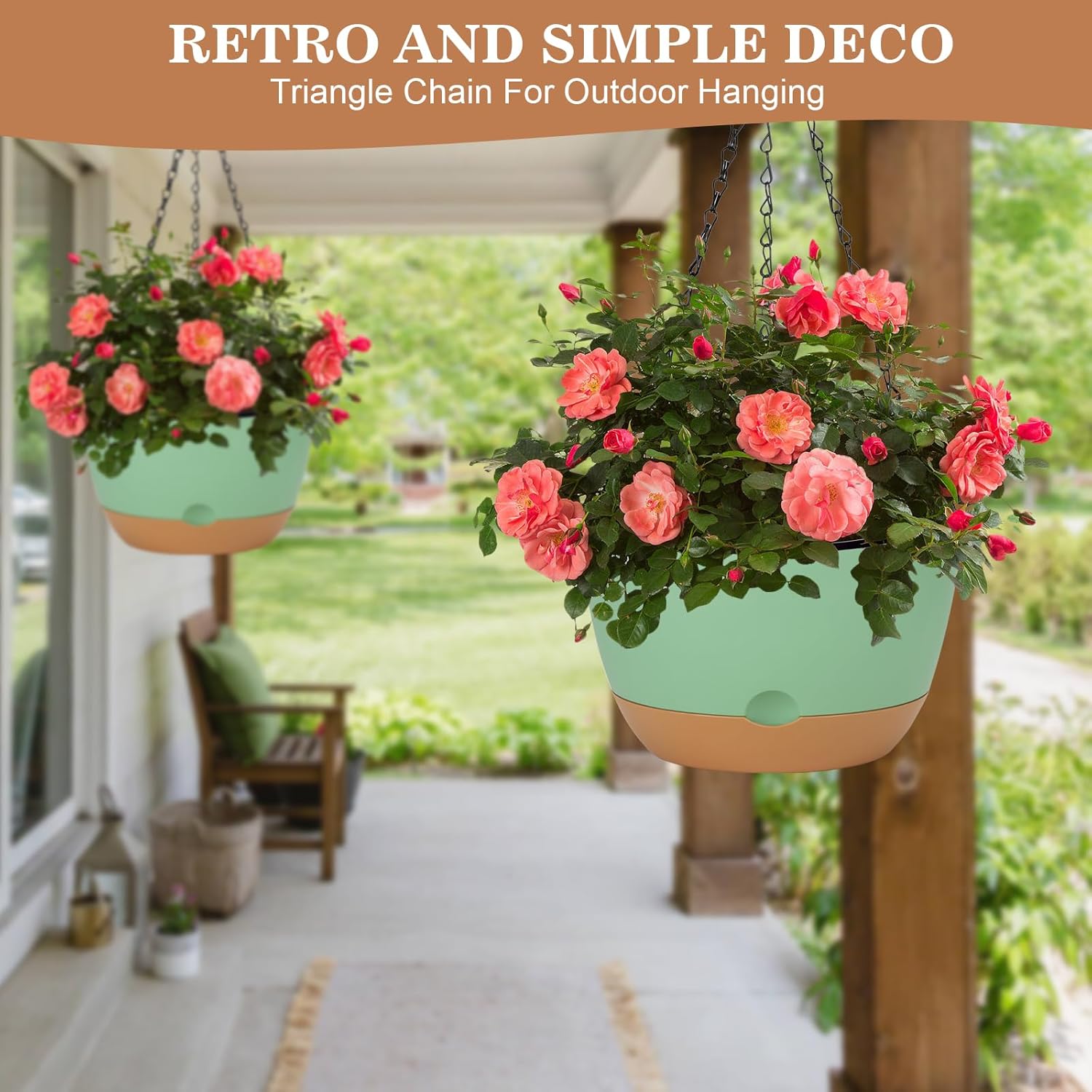 3 Pack Hanging Planters for Indoor Plants, 10 + 10 + 8 Inch Self-Watering Hanging Plant Pot, Macrame Plant Hanger with Pot, Ceiling Hooks, Removable Saucer and Drainage Holes for Garden Home - Green