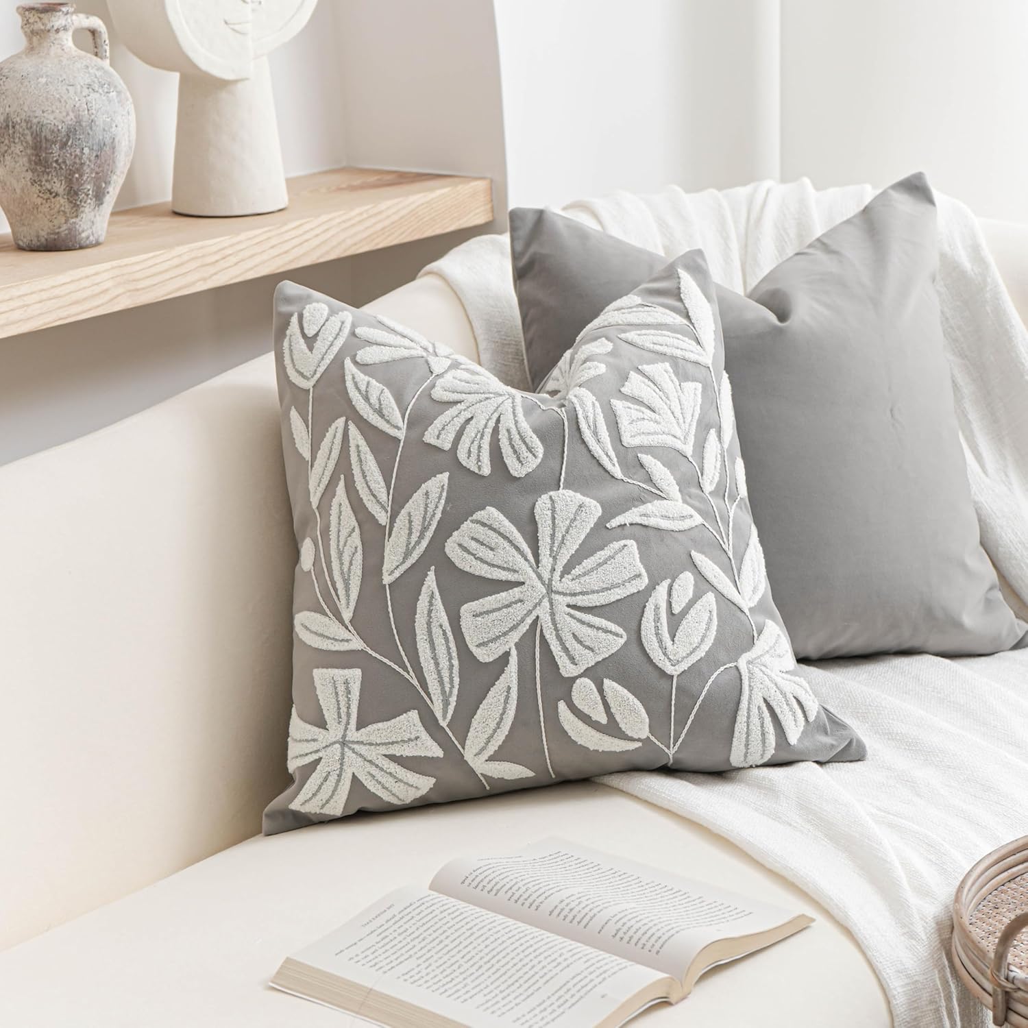 BlissBlush 14x36 Lumbar Pillow Cover for Bed, Brick Red Rectangular Long Throw Pillowcase, Embroidered Velvet Floral Tufted Farmhouse Accent Cushion (Cover Only)