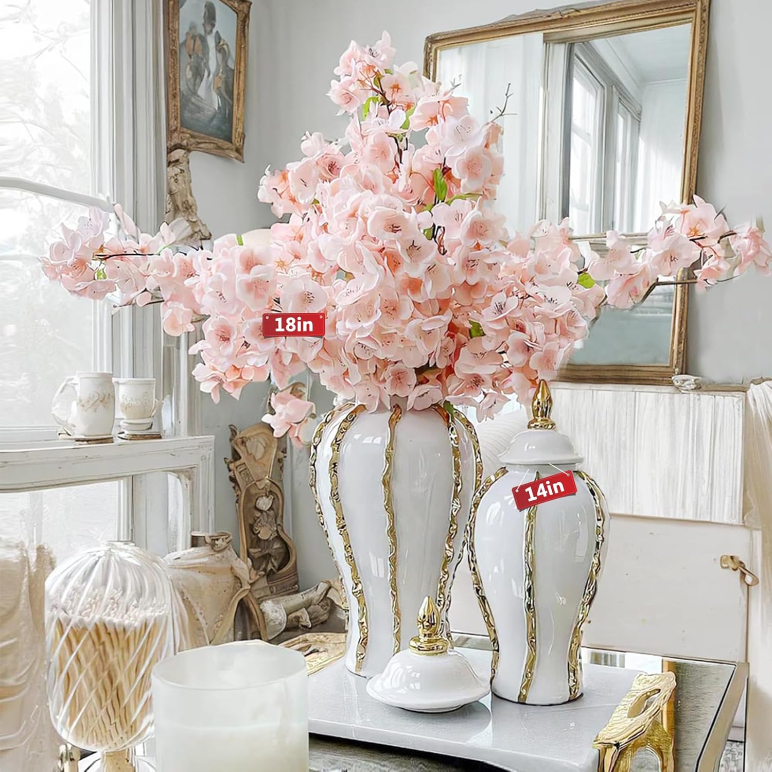 White and Gold Vases for Centerpieces,White Gold Ginger Jars for Home Decor,Large Gold Vases for Kitchen Counter,Vintage Vase with Lid,Birthday Anniversary (18 in)