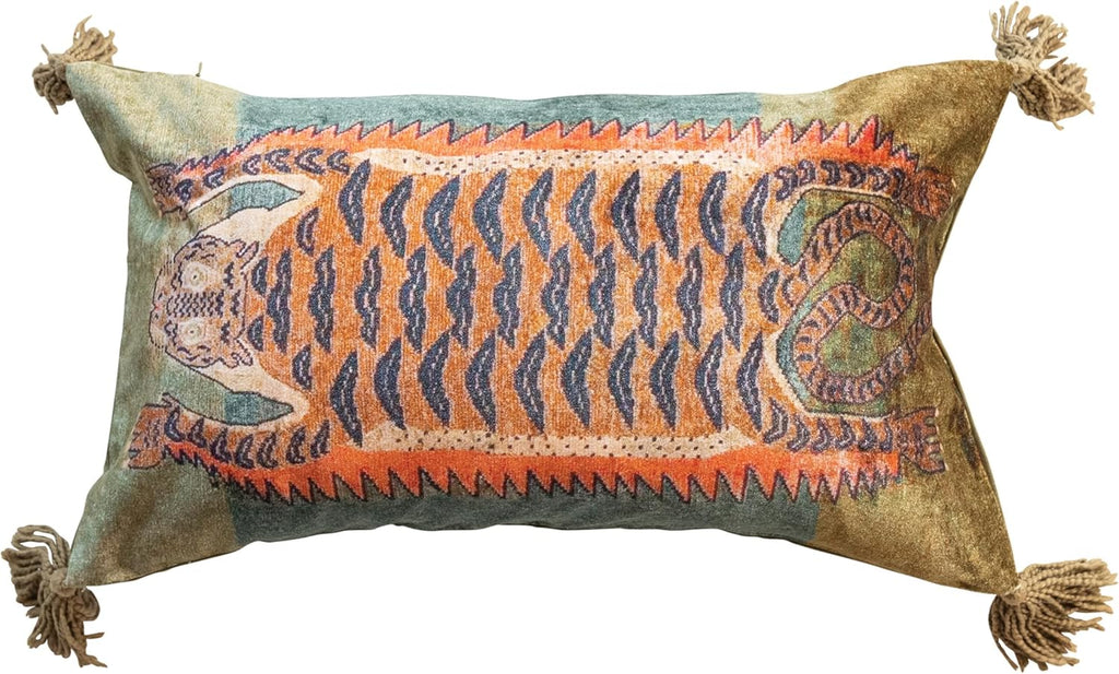 Creative Co-Op Cotton Velvet Blend Tiger Lumbar Pillow with Tassels, Multicolor