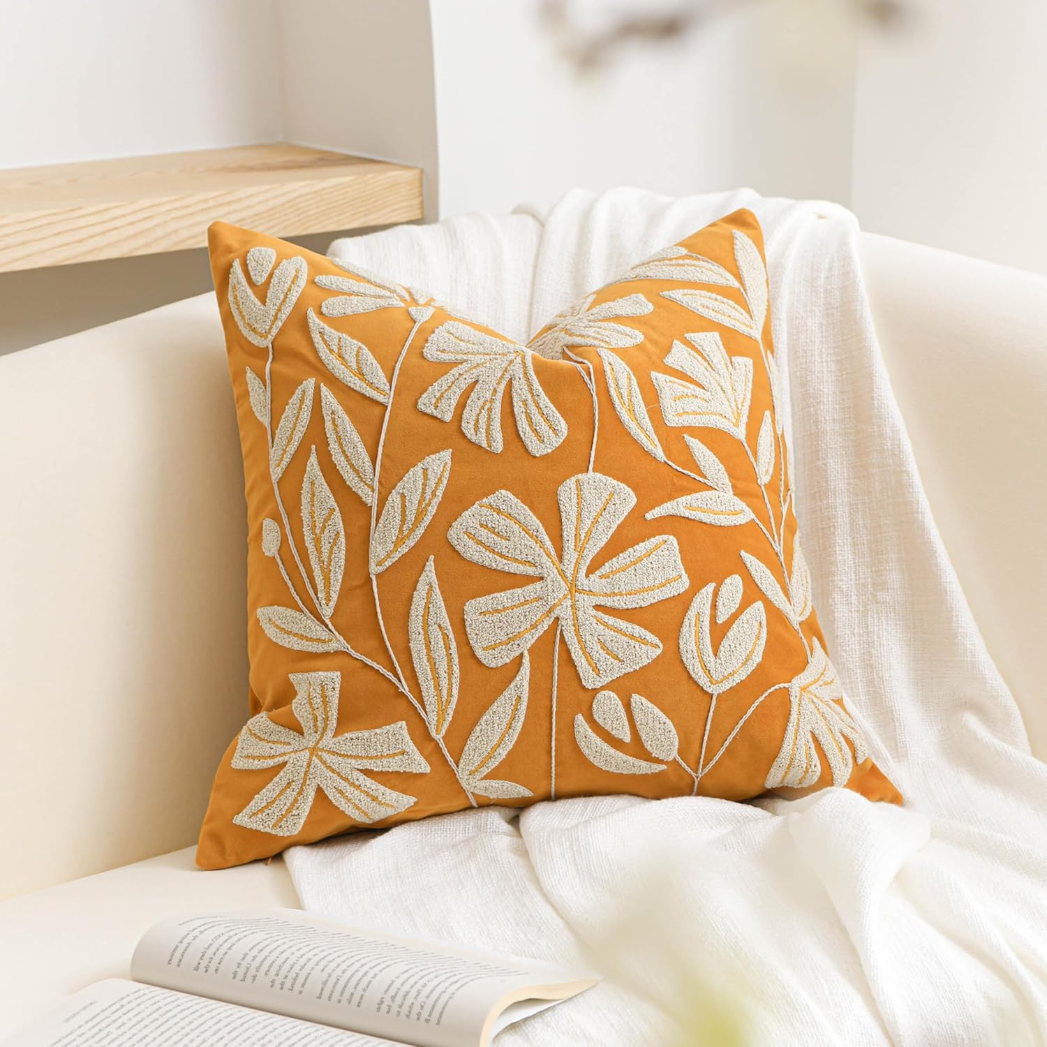 BlissBlush 14x36 Lumbar Pillow Cover for Bed, Brick Red Rectangular Long Throw Pillowcase, Embroidered Velvet Floral Tufted Farmhouse Accent Cushion (Cover Only)