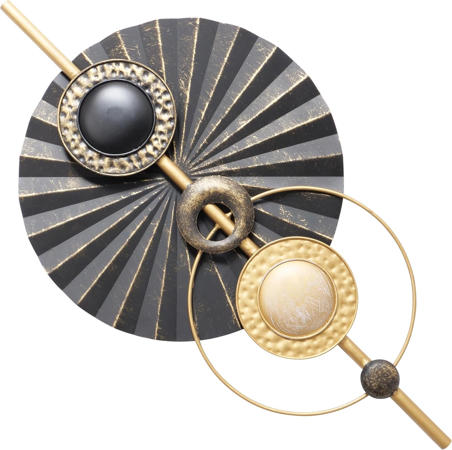 WHW Whole House Worlds Modernist Home Abstract Wall Sculpture, Cosmic Burst, Geometric, Hand Welded Iron, Lacquered, Tonal Grey with Gold Accents, Distressed 29.5 Inches,