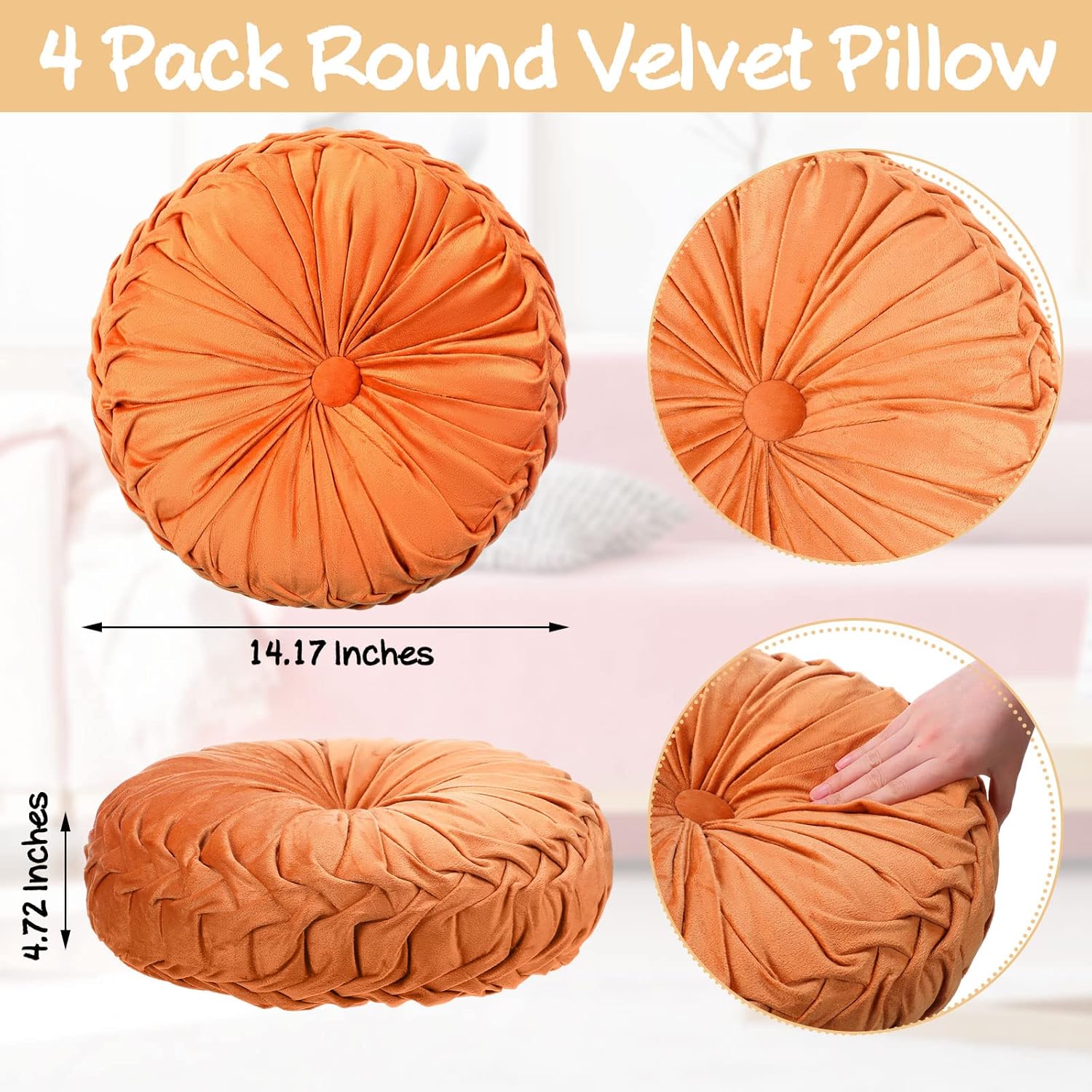 Kathfly Set of 4 Decorative Round Pleated Throw Pillows, Classy Velvet Pumpkin Round Throw Pillows, Decorative Floor Pillow for Bed Chair Home Sofa Decor, 14" Diameter(Colorful)