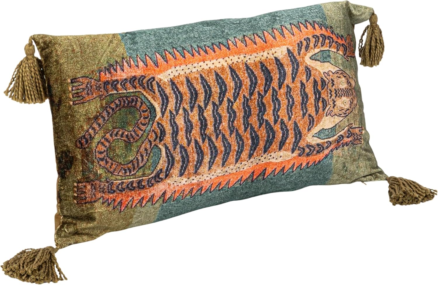 Creative Co-Op Cotton Velvet Blend Tiger Lumbar Pillow with Tassels, Multicolor