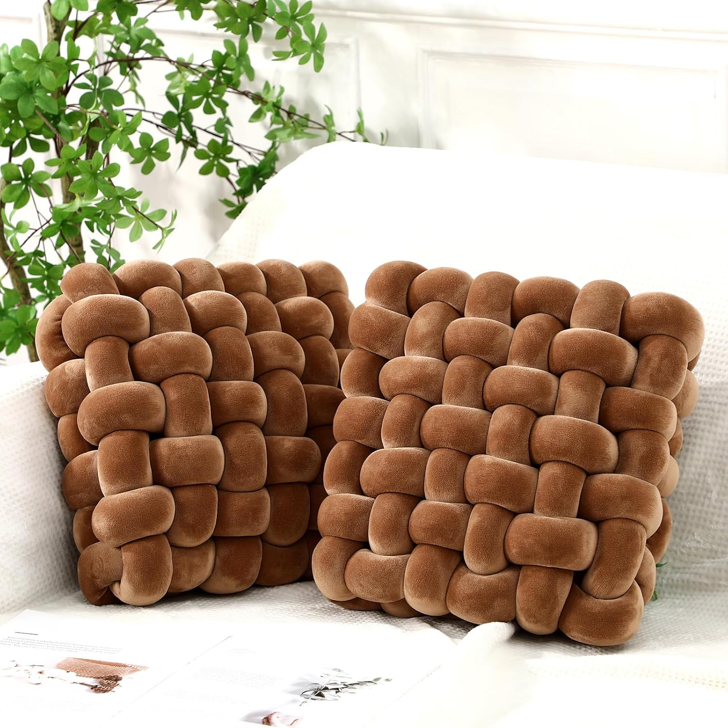 Wenqik 2 Pcs Knot Pillows Square Knotted Plush Throws Soft Accent Pillows Decoration Cushion for Couch Home Office Living Room Bedroom Bed Sofa Decor, 12'' x 13''(Caramel,Crystal Velvet)