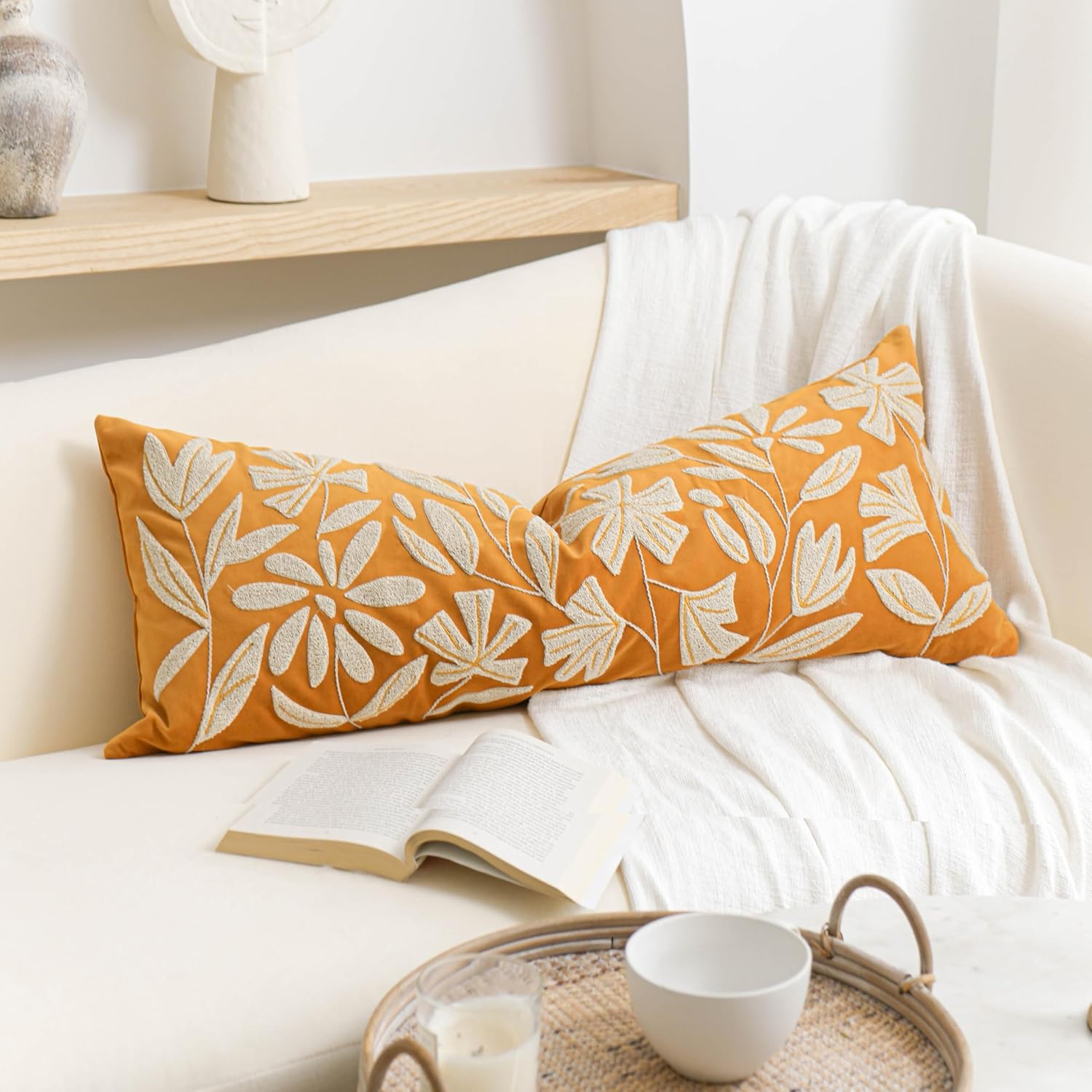 BlissBlush 14x36 Lumbar Pillow Cover for Bed, Brick Red Rectangular Long Throw Pillowcase, Embroidered Velvet Floral Tufted Farmhouse Accent Cushion (Cover Only)