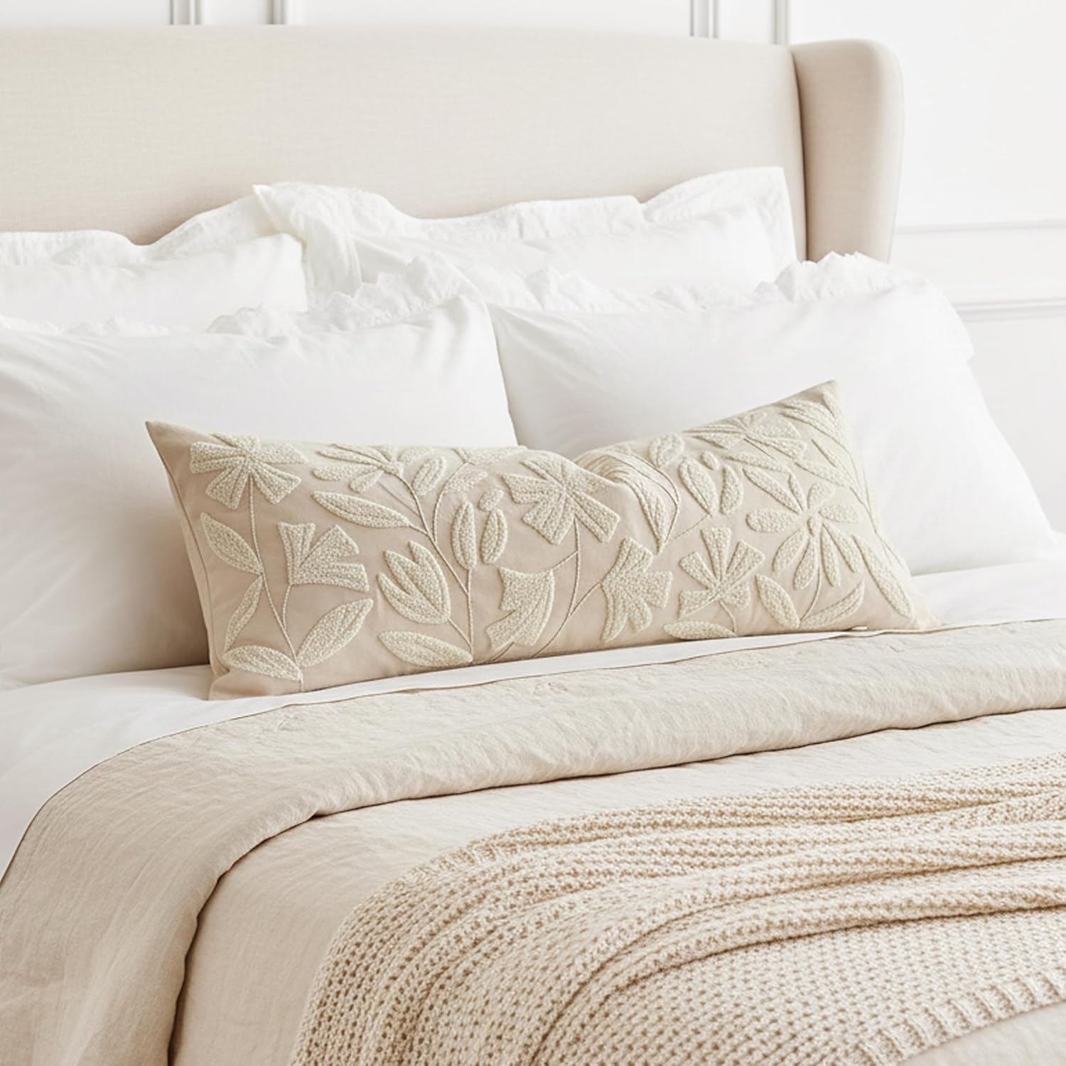 BlissBlush 14x36 Lumbar Pillow Cover for Bed, Brick Red Rectangular Long Throw Pillowcase, Embroidered Velvet Floral Tufted Farmhouse Accent Cushion (Cover Only)