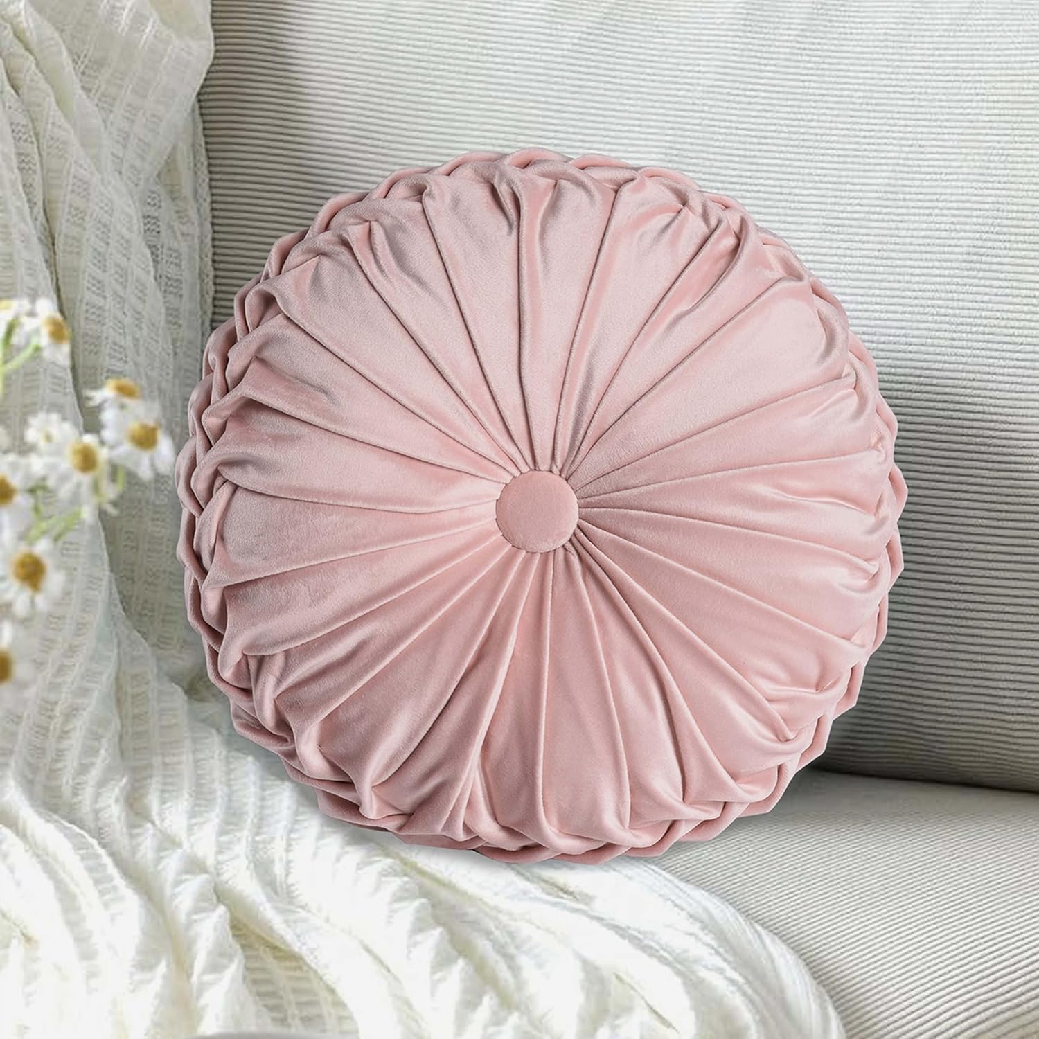 HIG Set of 2 Pink Ruched Velvet Round Throw Pillows – 14.5’’ Decorative Pillows with Soft Polyester Filling for Couch, Bed, Living Room, Bedroom, or Dorm – Handmade, Stress Relieving, All-Season