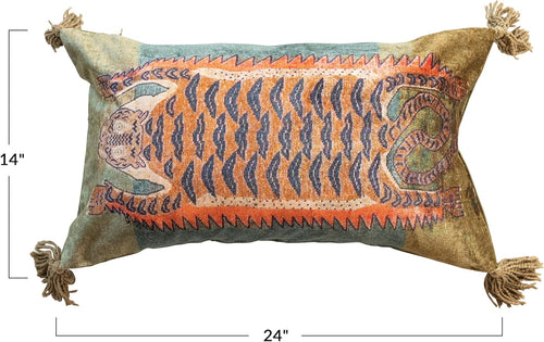 Creative Co-Op Cotton Velvet Blend Tiger Lumbar Pillow with Tassels, Multicolor