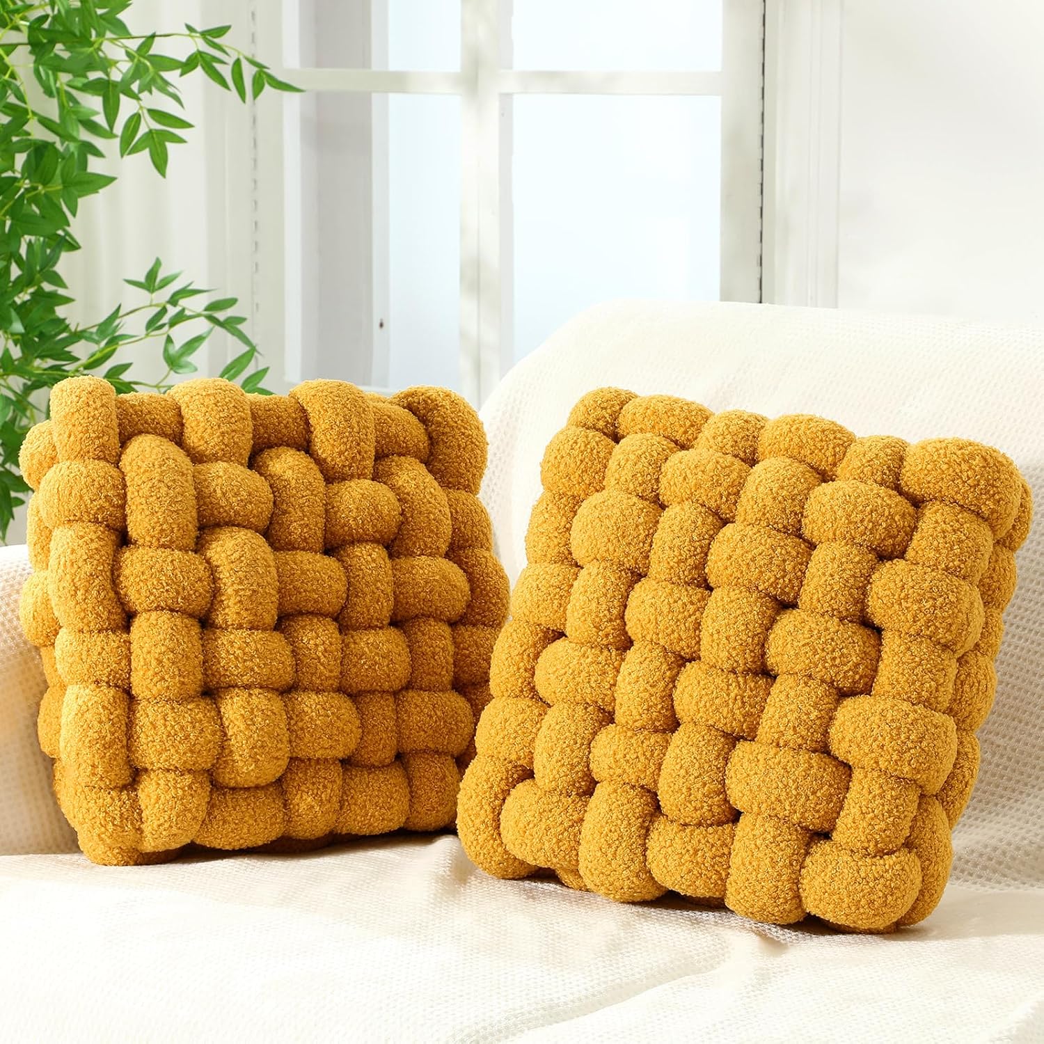 Wenqik 2 Pcs Knot Pillows Square Knotted Plush Throws Soft Accent Pillows Decoration Cushion for Couch Home Office Living Room Bedroom Bed Sofa Decor, 12'' x 13''(Caramel,Crystal Velvet)