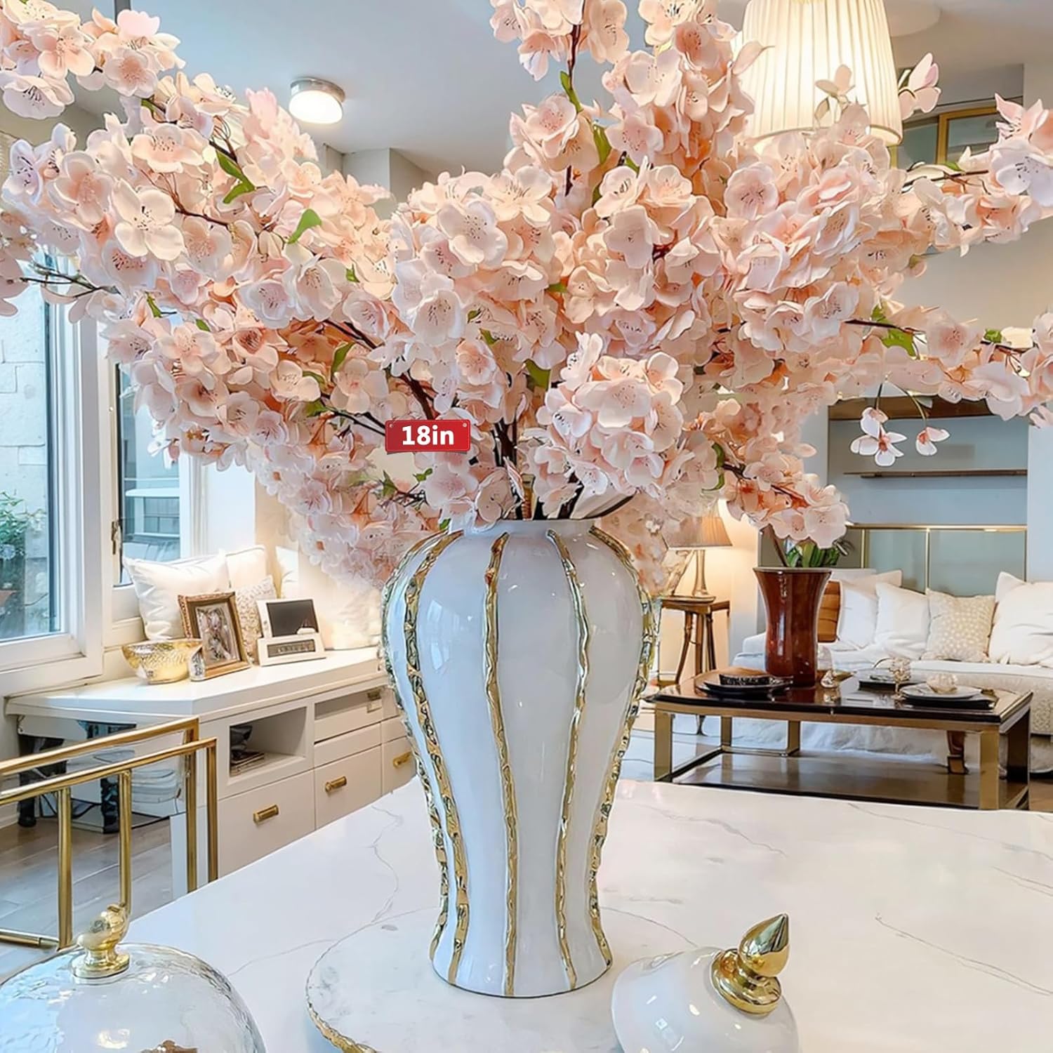 White and Gold Vases for Centerpieces,White Gold Ginger Jars for Home Decor,Large Gold Vases for Kitchen Counter,Vintage Vase with Lid,Birthday Anniversary (18 in)