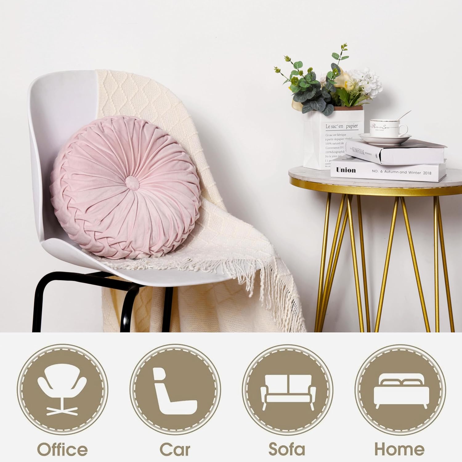 HIG Set of 2 Pink Ruched Velvet Round Throw Pillows – 14.5’’ Decorative Pillows with Soft Polyester Filling for Couch, Bed, Living Room, Bedroom, or Dorm – Handmade, Stress Relieving, All-Season