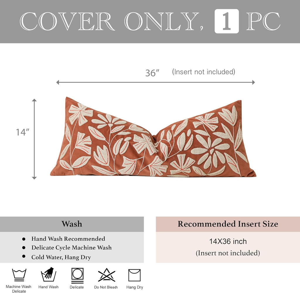 BlissBlush 14x36 Lumbar Pillow Cover for Bed, Brick Red Rectangular Long Throw Pillowcase, Embroidered Velvet Floral Tufted Farmhouse Accent Cushion (Cover Only)