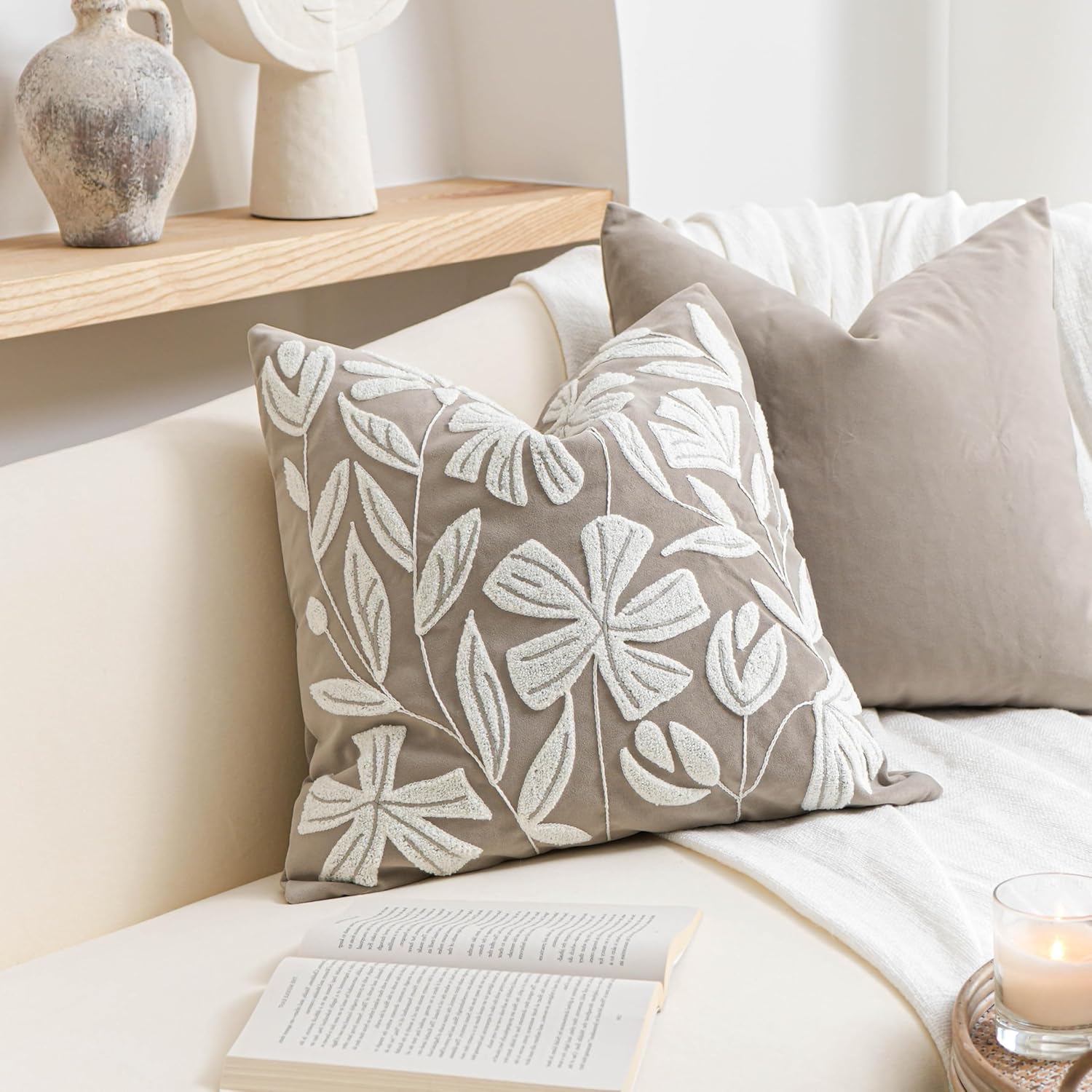 BlissBlush 14x36 Lumbar Pillow Cover for Bed, Brick Red Rectangular Long Throw Pillowcase, Embroidered Velvet Floral Tufted Farmhouse Accent Cushion (Cover Only)