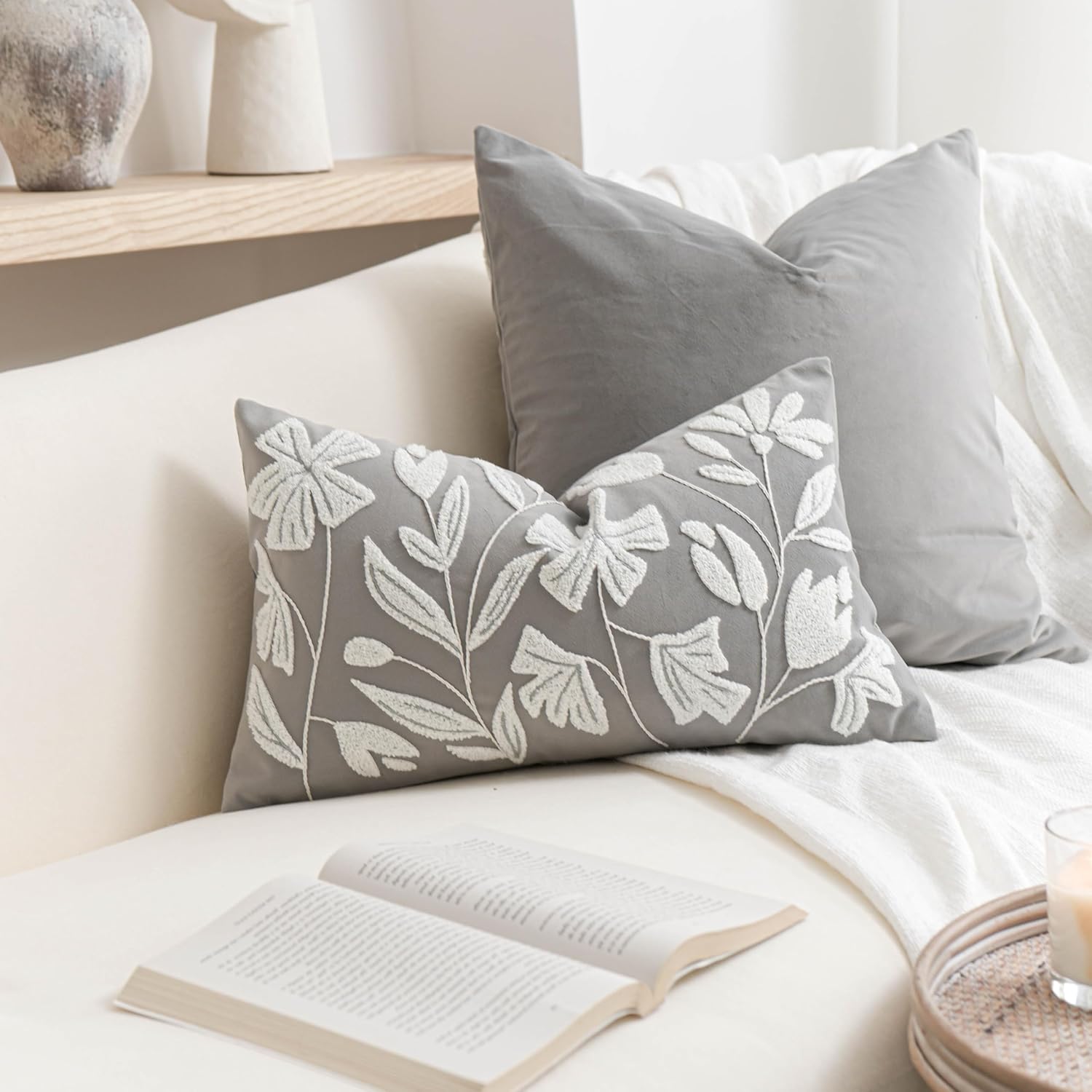 BlissBlush 14x36 Lumbar Pillow Cover for Bed, Brick Red Rectangular Long Throw Pillowcase, Embroidered Velvet Floral Tufted Farmhouse Accent Cushion (Cover Only)