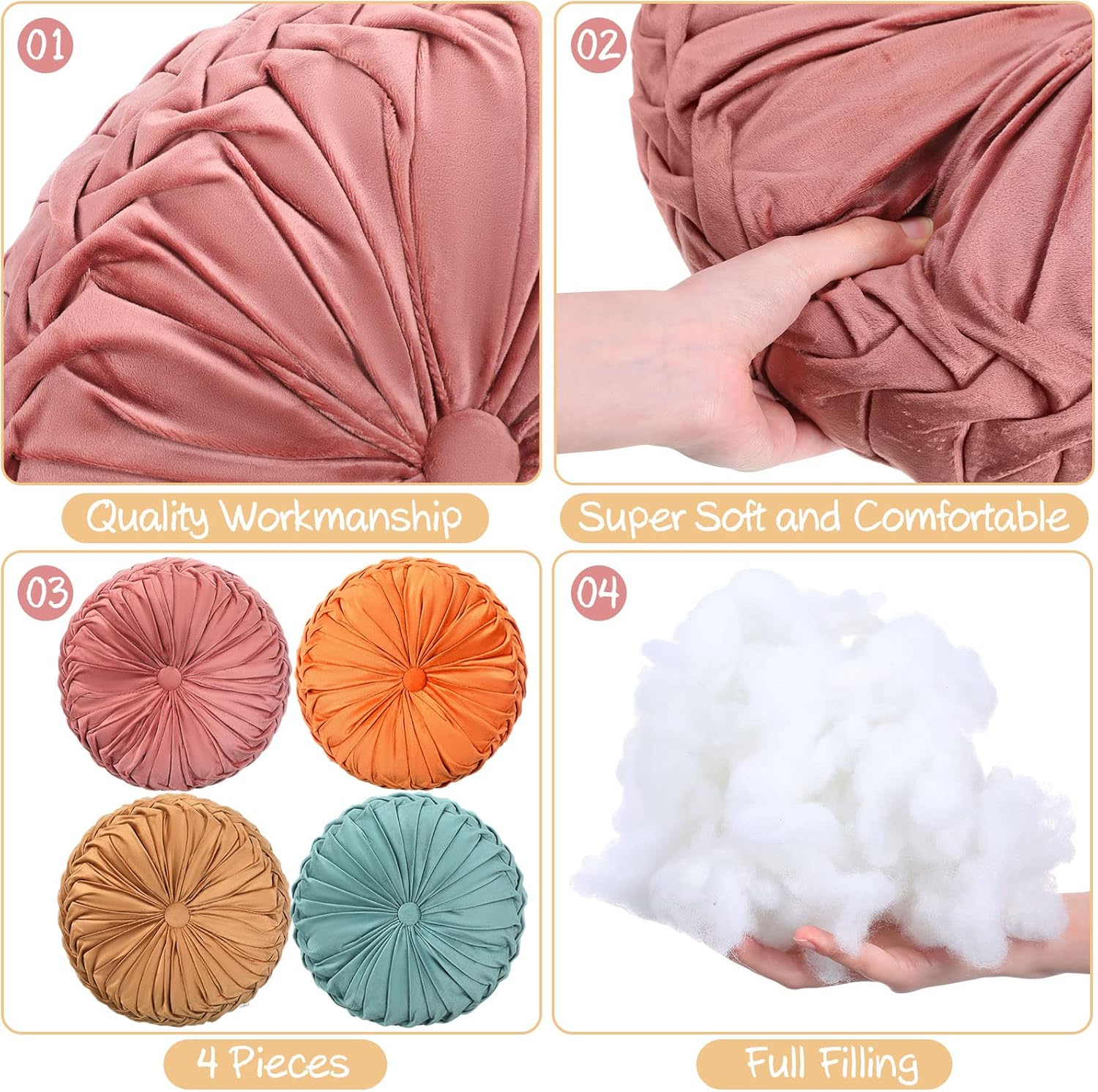 Kathfly Set of 4 Decorative Round Pleated Throw Pillows, Classy Velvet Pumpkin Round Throw Pillows, Decorative Floor Pillow for Bed Chair Home Sofa Decor, 14" Diameter(Colorful)
