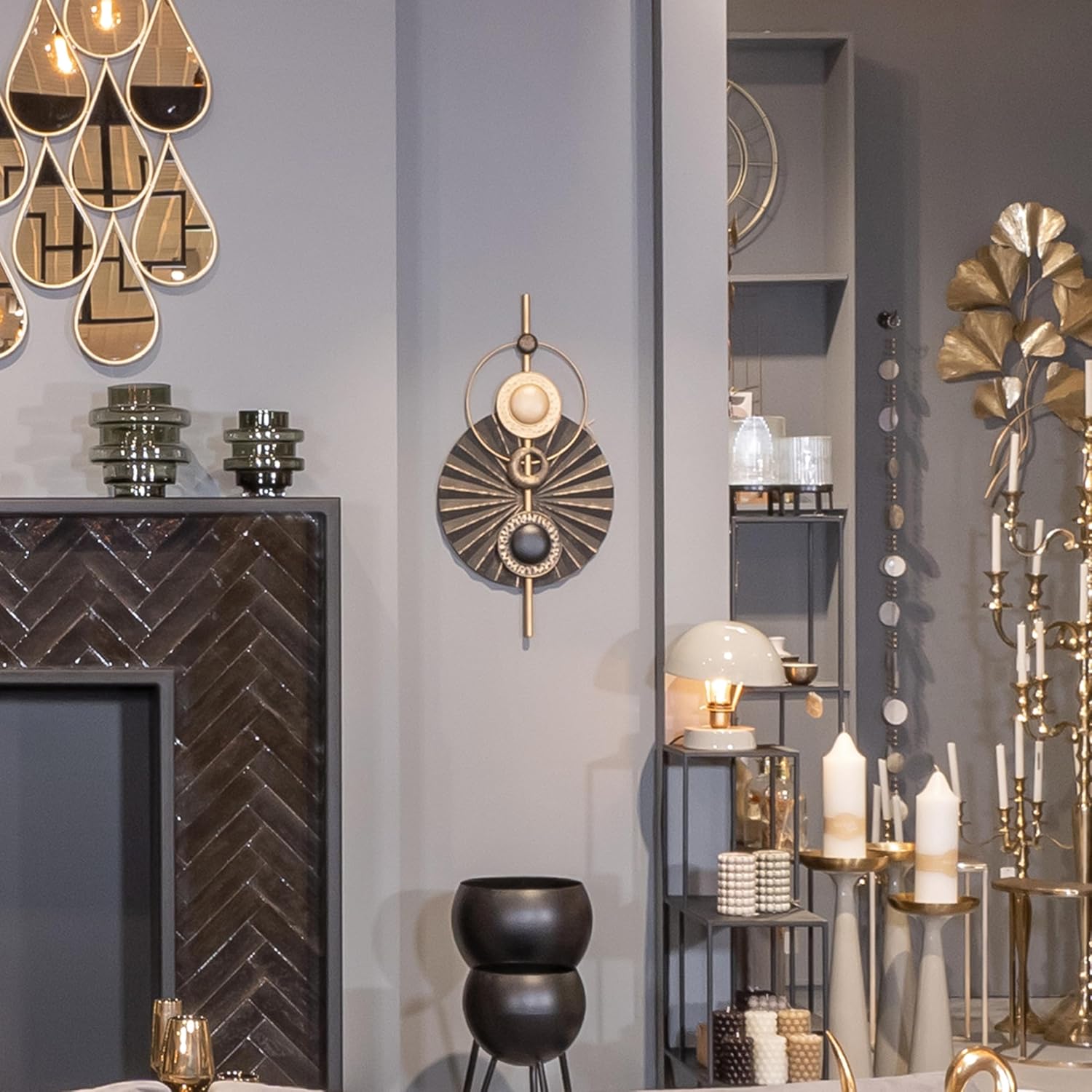 WHW Whole House Worlds Modernist Home Abstract Wall Sculpture, Cosmic Burst, Geometric, Hand Welded Iron, Lacquered, Tonal Grey with Gold Accents, Distressed 29.5 Inches,