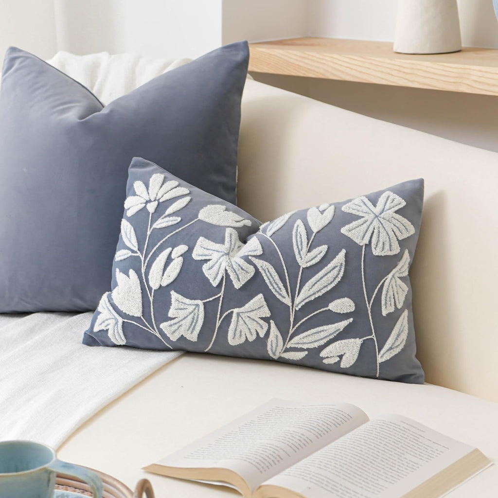 BlissBlush 14x36 Lumbar Pillow Cover for Bed, Brick Red Rectangular Long Throw Pillowcase, Embroidered Velvet Floral Tufted Farmhouse Accent Cushion (Cover Only)