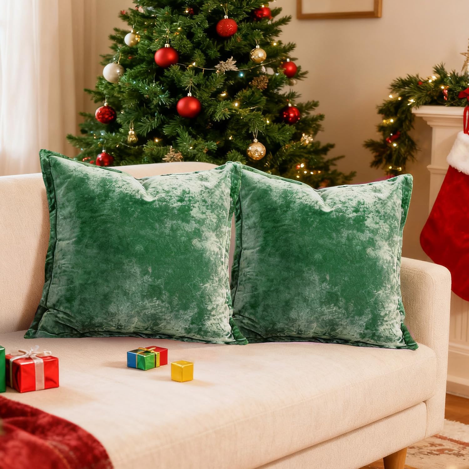 LR Rocaloca Greek Velvet Euro Sham Covers Set of 2 26x26 Luxury Soft Solid Pillow Covers for Living Room Bedroom Yard,Army Green