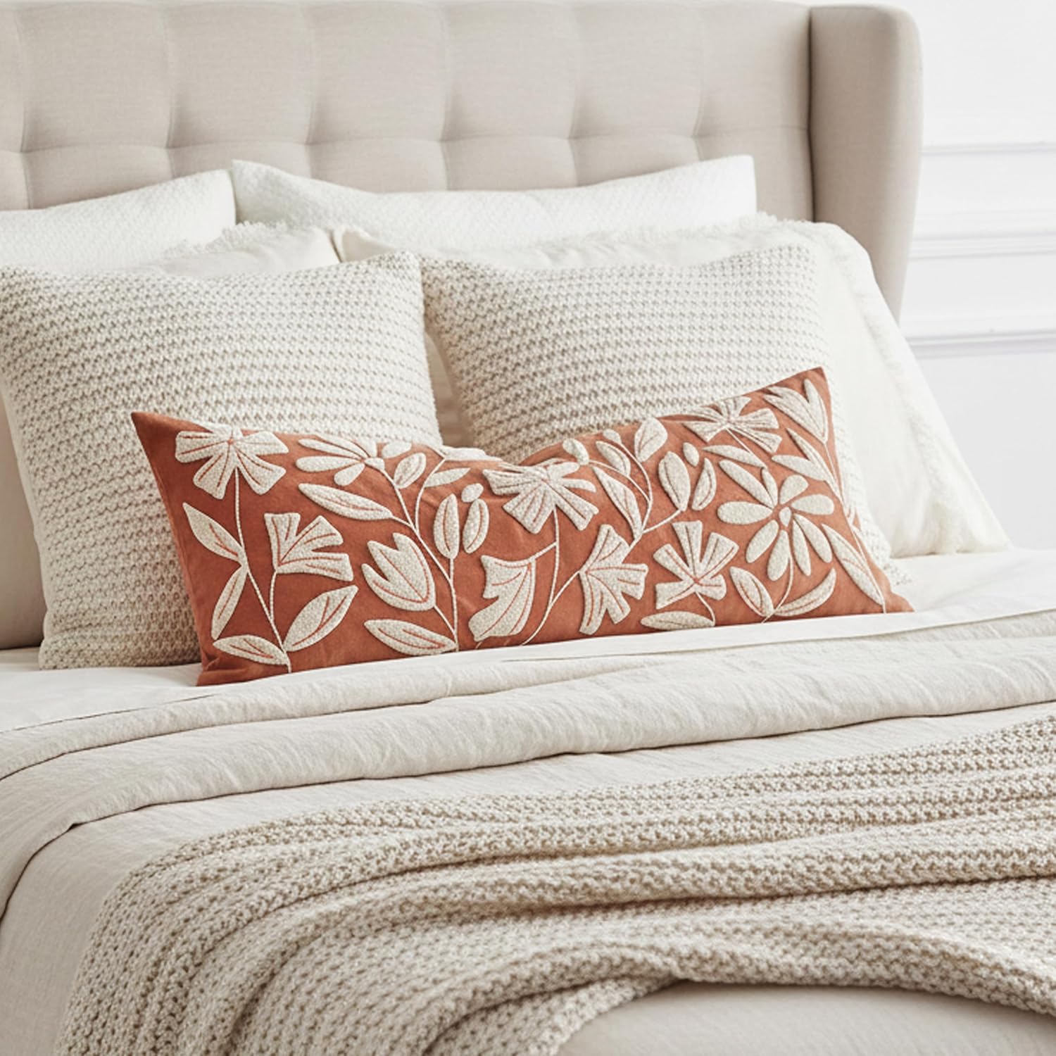 BlissBlush 14x36 Lumbar Pillow Cover for Bed, Brick Red Rectangular Long Throw Pillowcase, Embroidered Velvet Floral Tufted Farmhouse Accent Cushion (Cover Only)