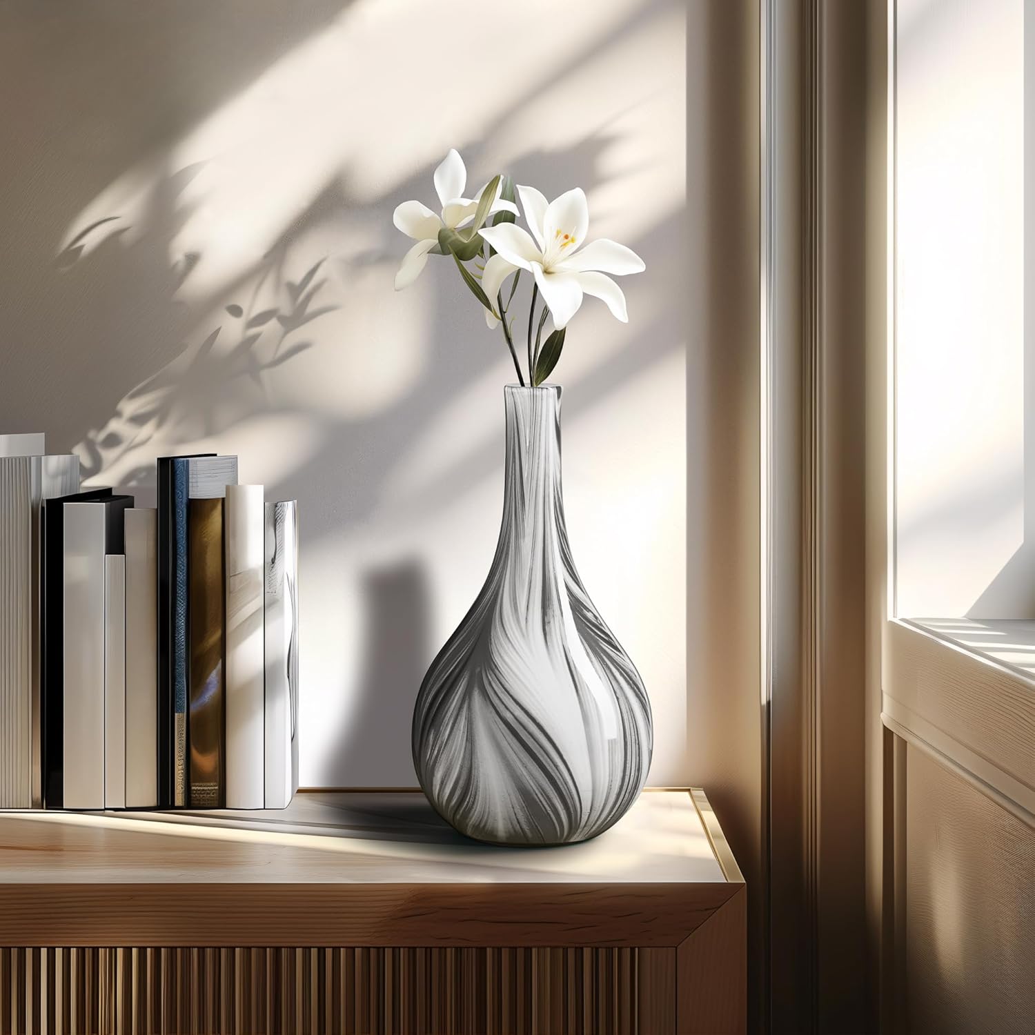 Torre & Tagus Odessa Marble Pattern Blown Glass Vase - 12" Black and White Abstract Vase for Flowers, Modern Flower Vase for Home Decor, Table Centerpieces for Living Room, Entryway (6 x 12 Inch Vase)