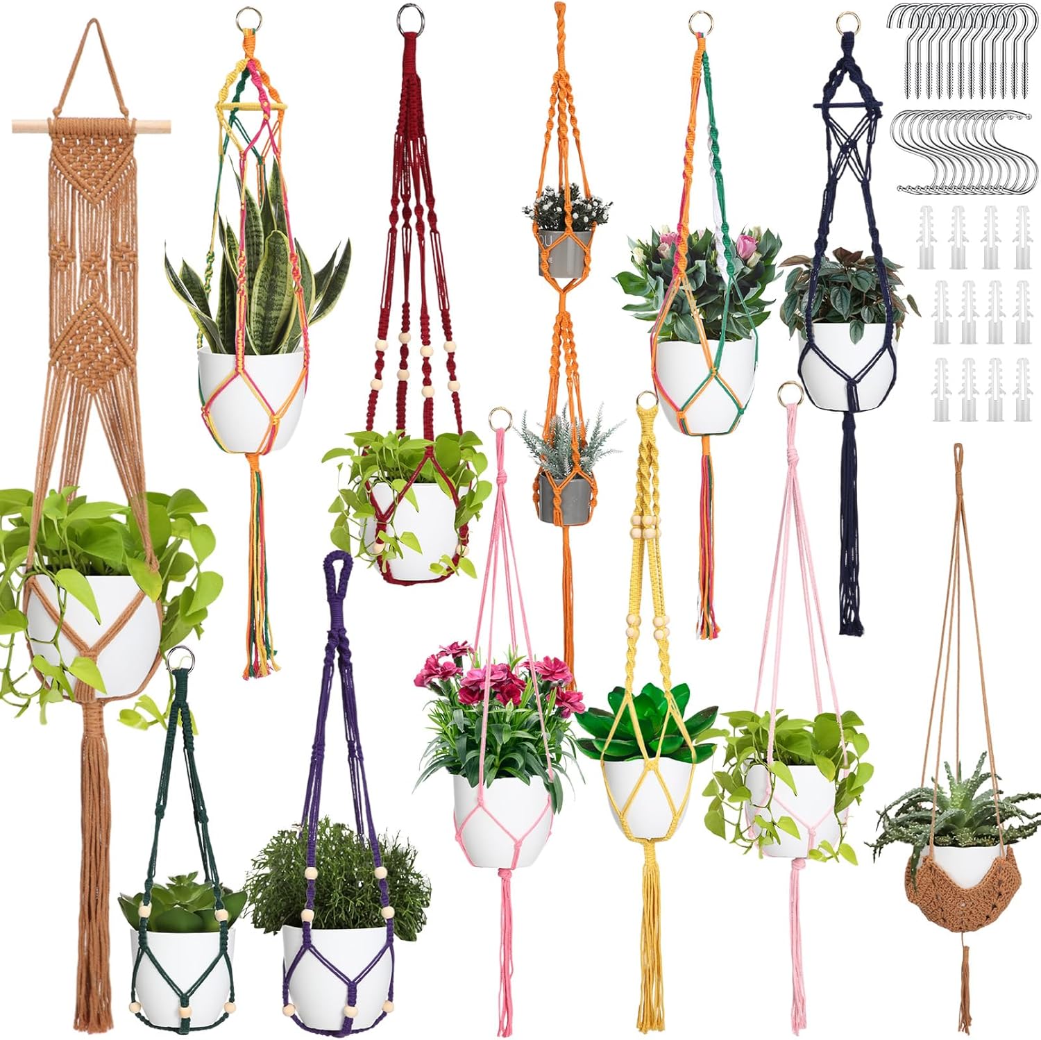 Hoteam 12 Pcs Macrame Plant Hangers Macrame Hanging Planters for Indoor Plants Handmade Boho Hanging Baskets Flower Pots Holder for Outdoor Home Wall Decor
