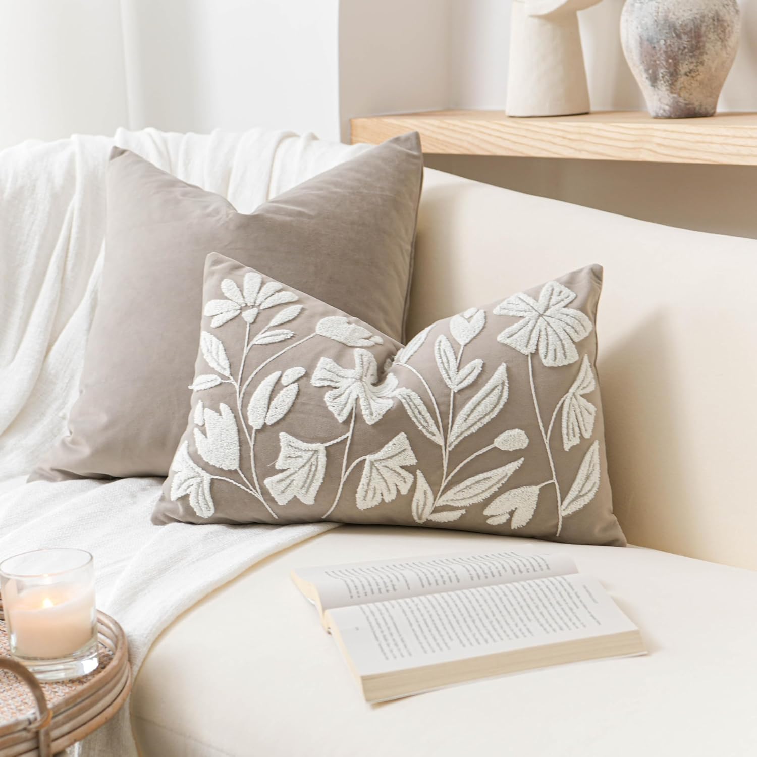 BlissBlush 14x36 Lumbar Pillow Cover for Bed, Brick Red Rectangular Long Throw Pillowcase, Embroidered Velvet Floral Tufted Farmhouse Accent Cushion (Cover Only)