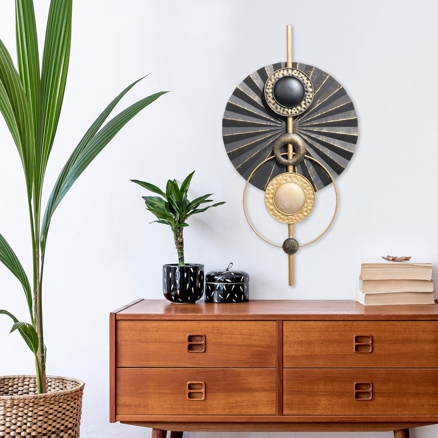 WHW Whole House Worlds Modernist Home Abstract Wall Sculpture, Cosmic Burst, Geometric, Hand Welded Iron, Lacquered, Tonal Grey with Gold Accents, Distressed 29.5 Inches,