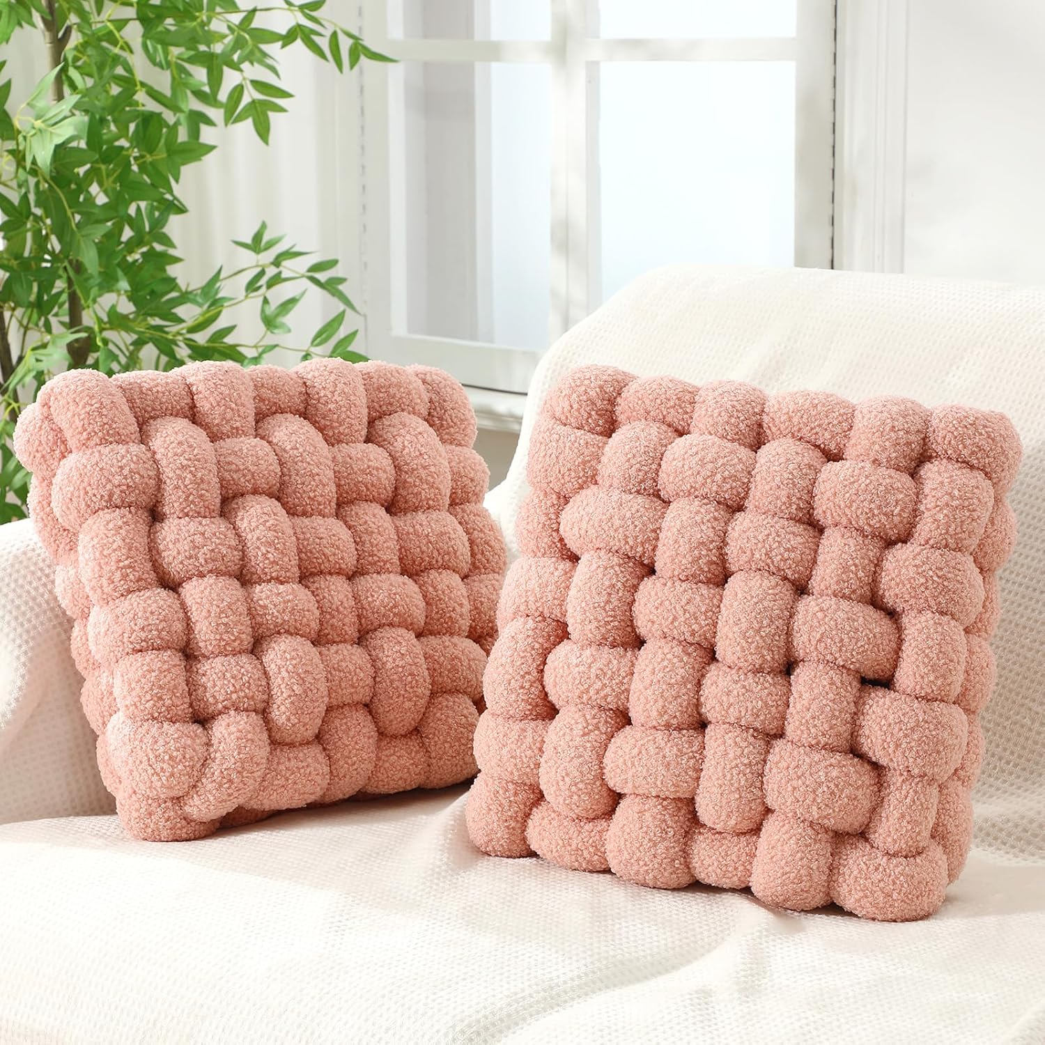 Wenqik 2 Pcs Knot Pillows Square Knotted Plush Throws Soft Accent Pillows Decoration Cushion for Couch Home Office Living Room Bedroom Bed Sofa Decor, 12'' x 13''(Caramel,Crystal Velvet)