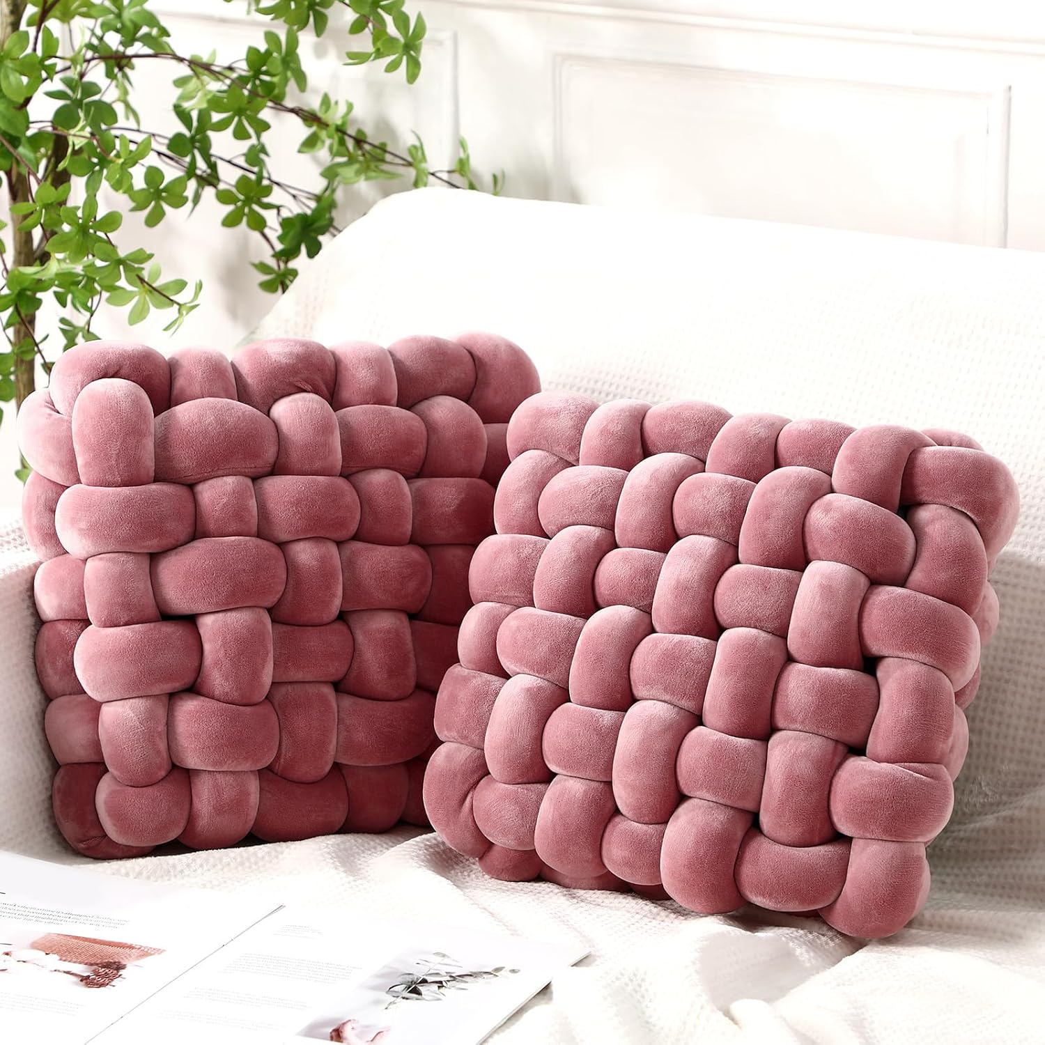 Wenqik 2 Pcs Knot Pillows Square Knotted Plush Throws Soft Accent Pillows Decoration Cushion for Couch Home Office Living Room Bedroom Bed Sofa Decor, 12'' x 13''(Caramel,Crystal Velvet)