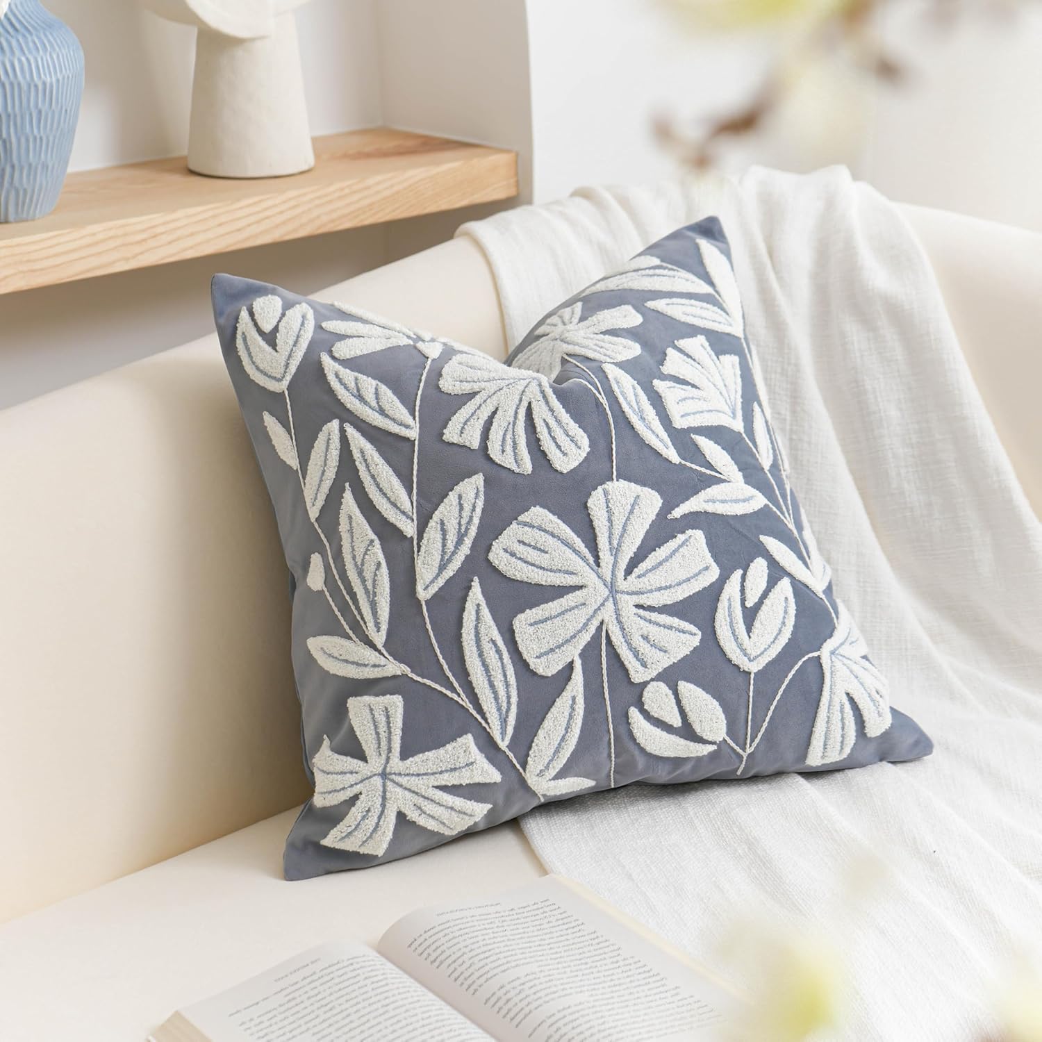 BlissBlush 14x36 Lumbar Pillow Cover for Bed, Brick Red Rectangular Long Throw Pillowcase, Embroidered Velvet Floral Tufted Farmhouse Accent Cushion (Cover Only)