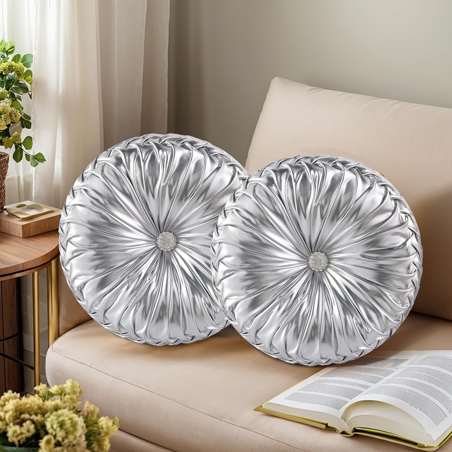 HIG Set of 2 Pink Ruched Velvet Round Throw Pillows – 14.5’’ Decorative Pillows with Soft Polyester Filling for Couch, Bed, Living Room, Bedroom, or Dorm – Handmade, Stress Relieving, All-Season