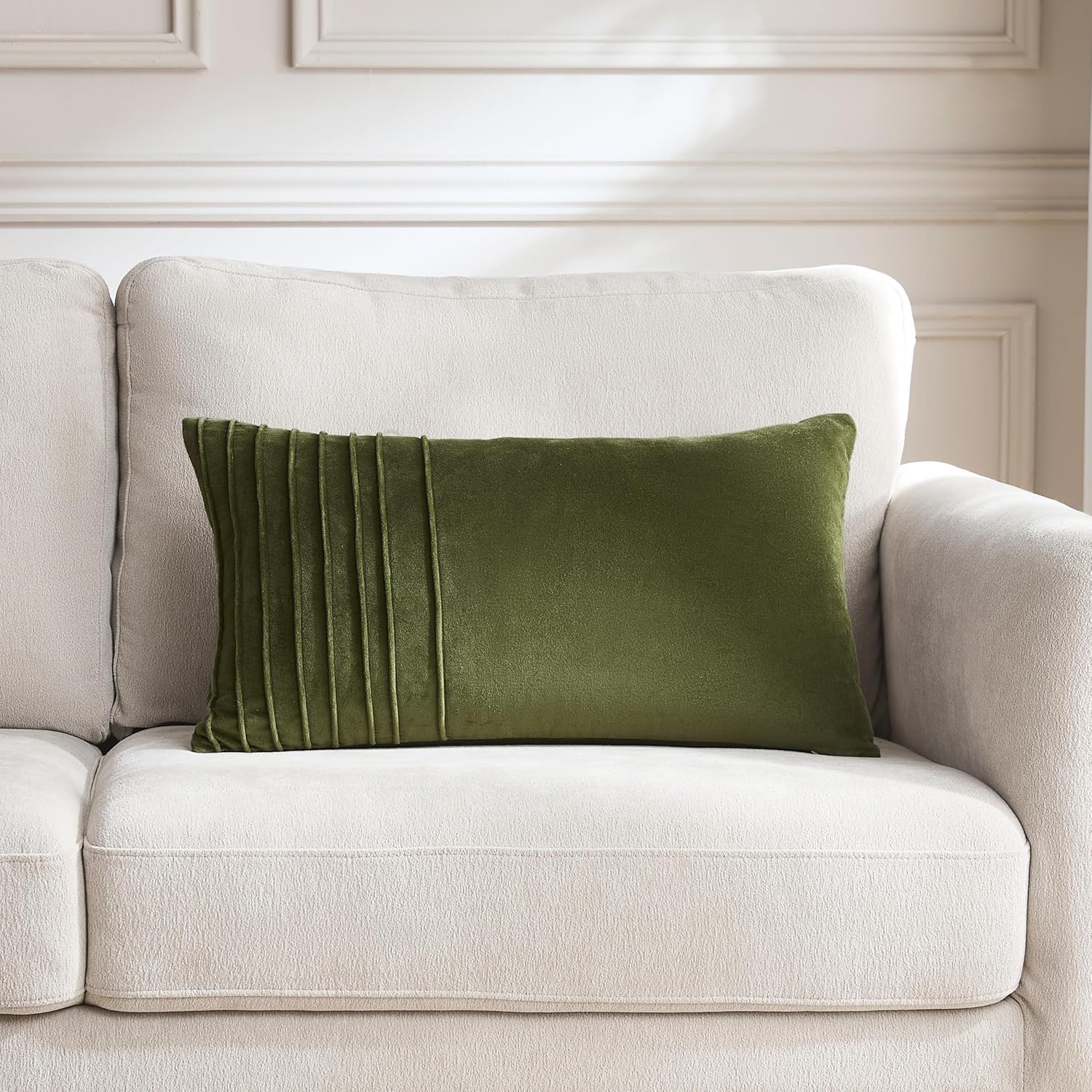 Lush Decor x Chuks Collins Pleated Groove Velvet Decorative Pillow Cover Single 14" W x 24" L Green - 14x24 Pillow Cover - Luxury Velvet Throw Pillows for Bed, Couch or Chair