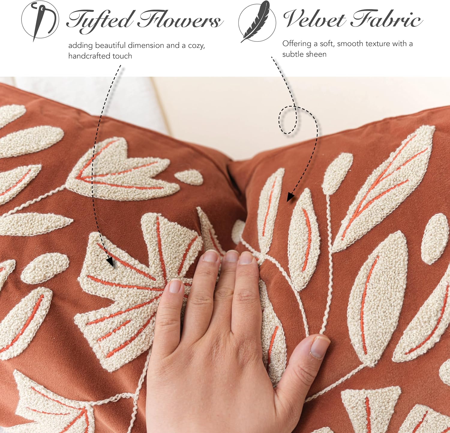 BlissBlush 14x36 Lumbar Pillow Cover for Bed, Brick Red Rectangular Long Throw Pillowcase, Embroidered Velvet Floral Tufted Farmhouse Accent Cushion (Cover Only)